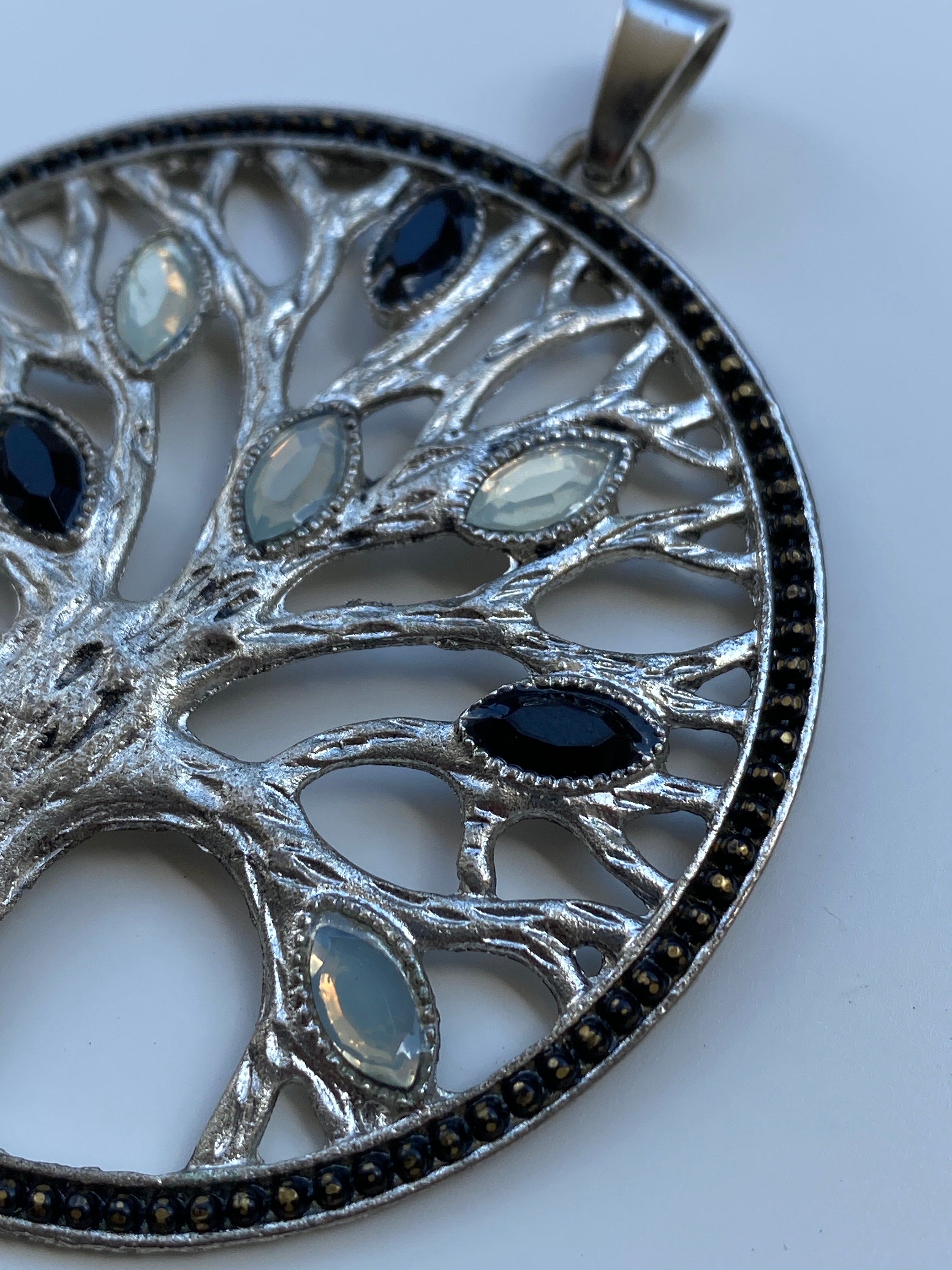Vintage Silver Tone Tree of Life Pendant with Black & White Stones – Statement Necklace Charm