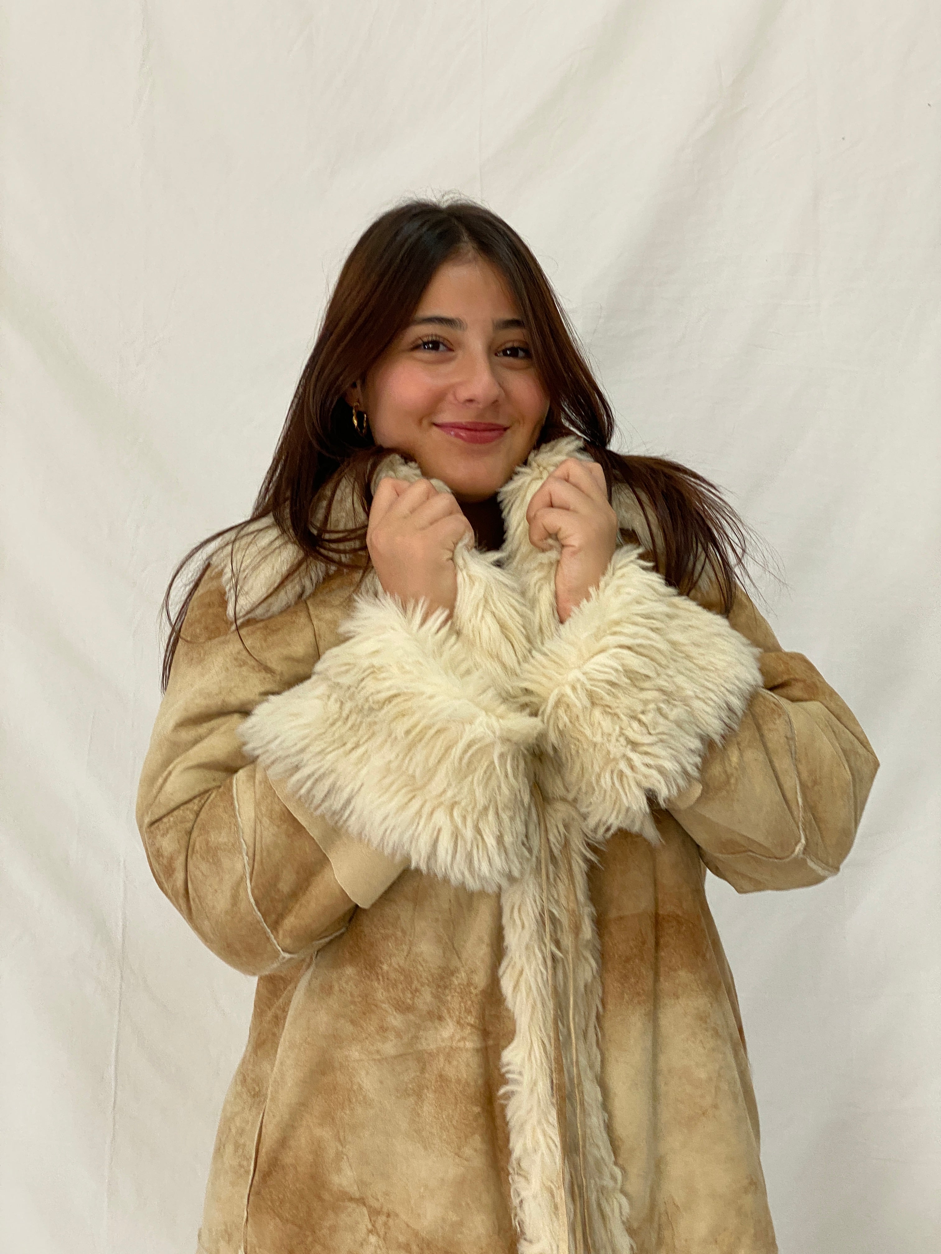 FREEHORN by Conbipel Faux Fur Lined Italian Genuine Leather Penny Lane Coat 70s Boho Jacket - XL