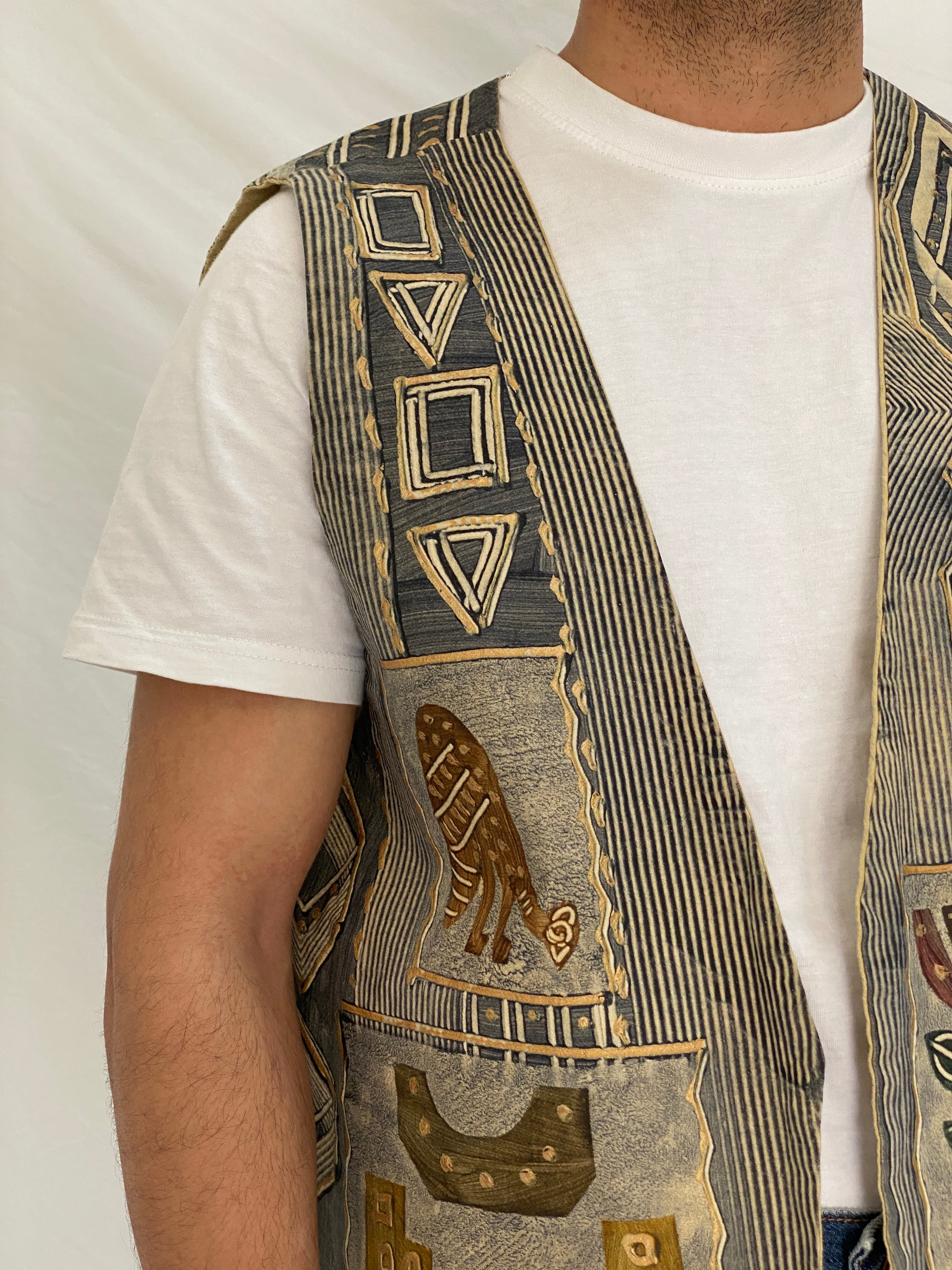 Vintage Africa Cloth Tribal Print Cotton Vest Beige Grey African Art Tapestry Vest - XL