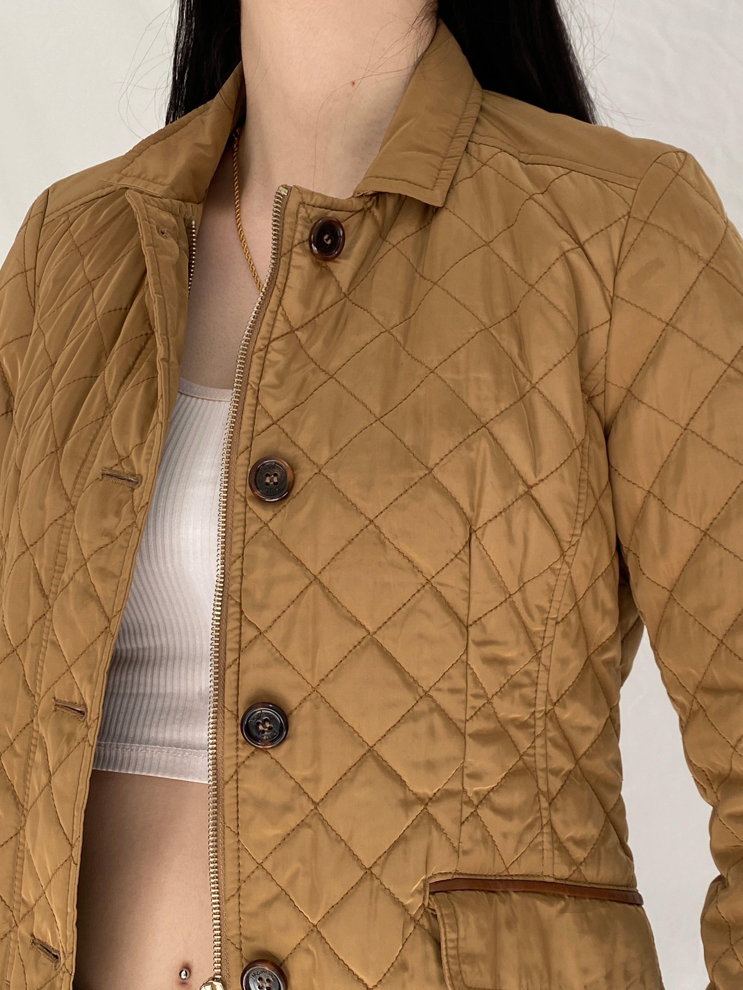 Massimo Dutti Camel Quilted Riding Jacket Fitted Equestrian Diamond Stitch Jacket - S