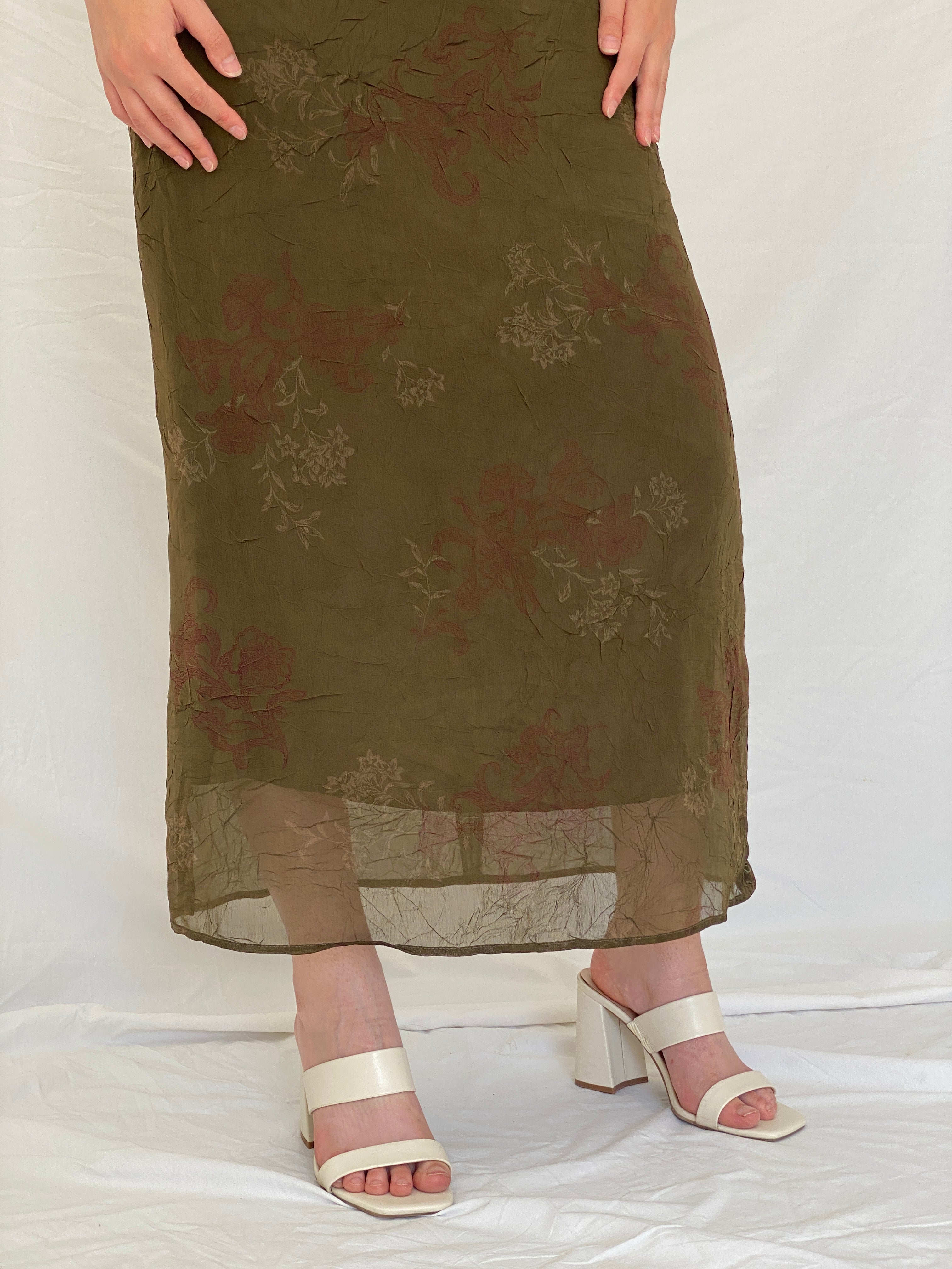 Vintage Y2K Jones Wear Olive Floral Crinkle Maxi Dress - S