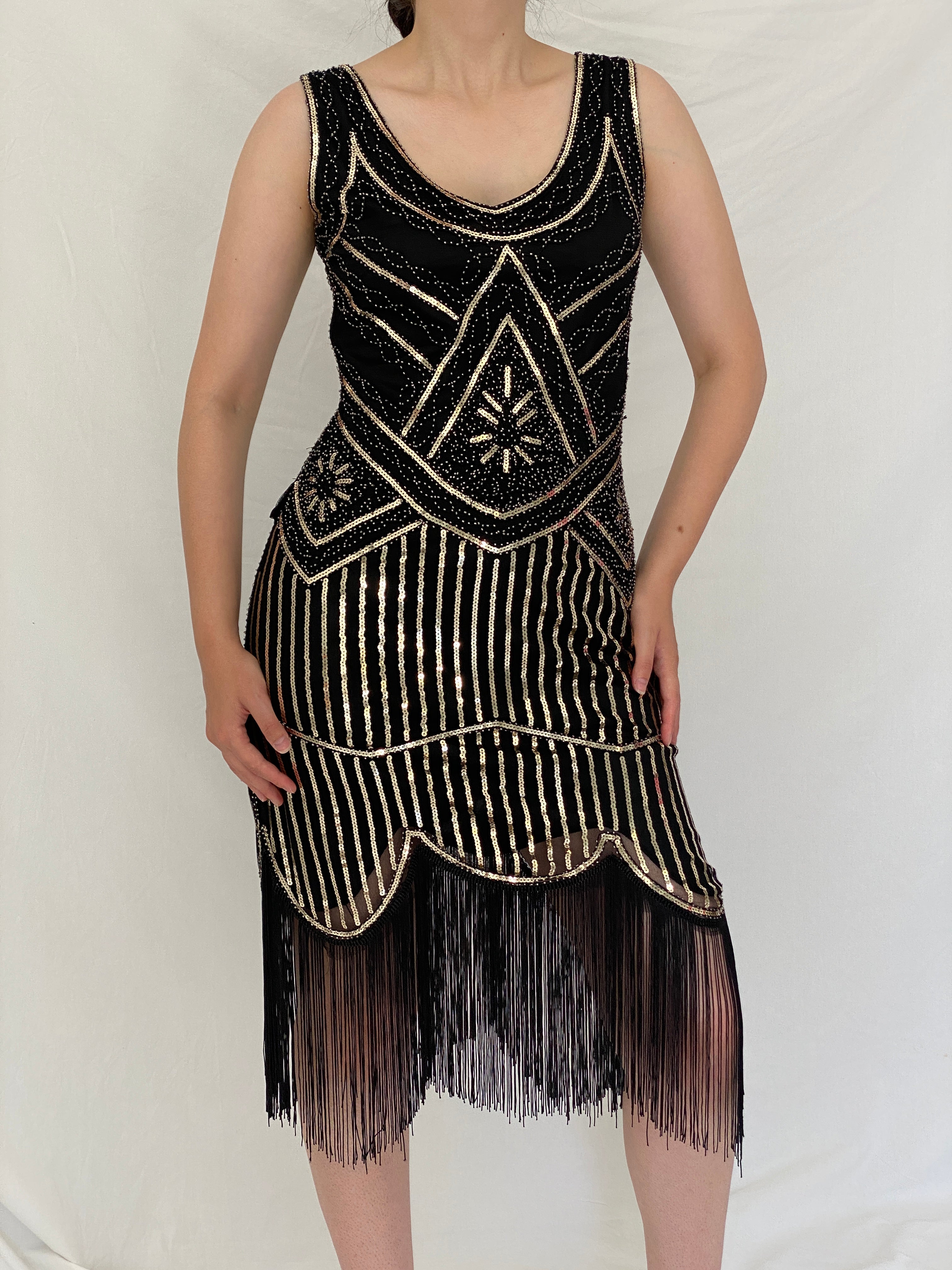 Vintage Art Deco Gatsby Black & Gold Sequin Fringe Cocktail Dress – S