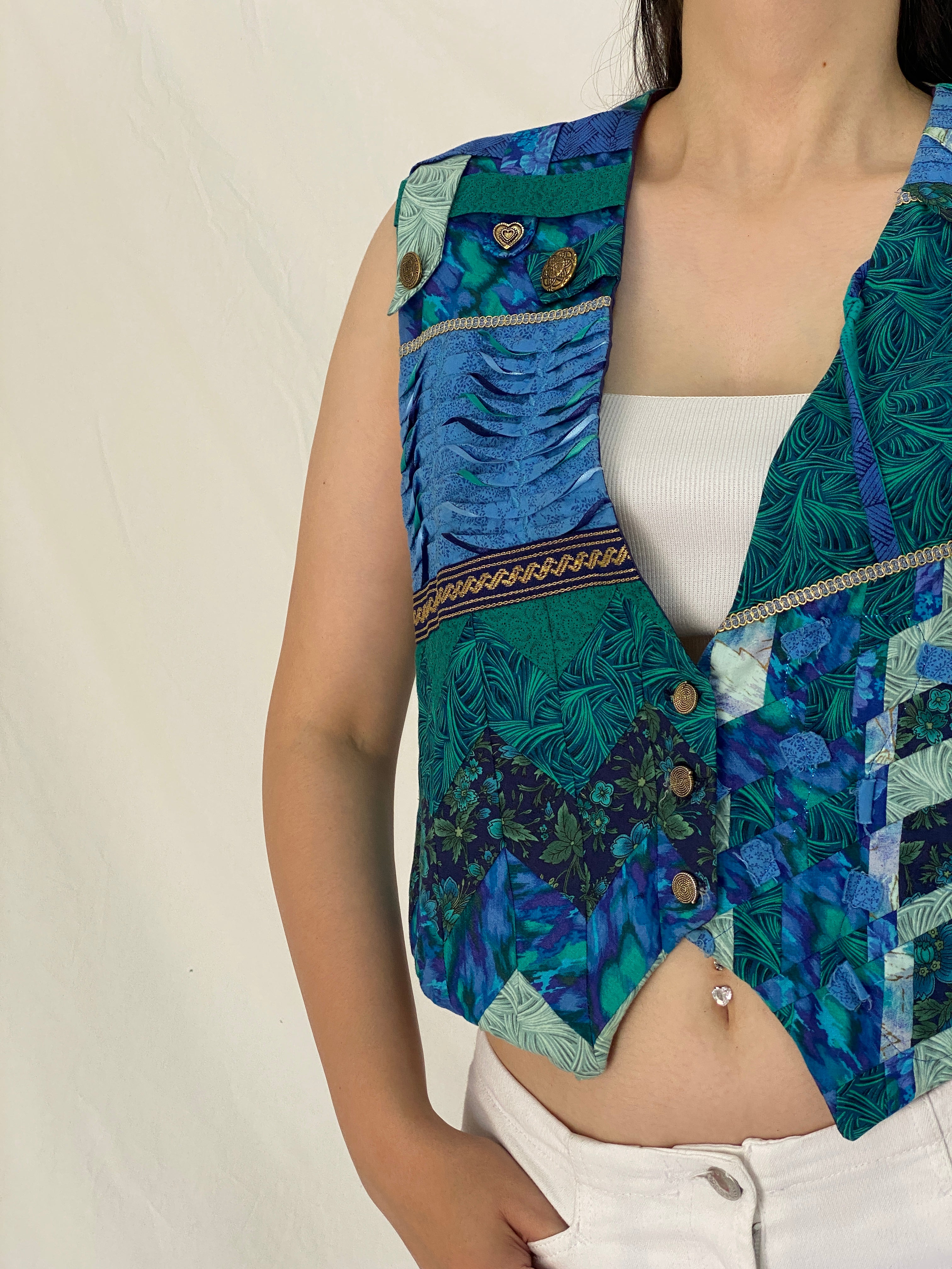 Vintage Handmade Blue & Green Quilted Patchwork Artisan Vest – M