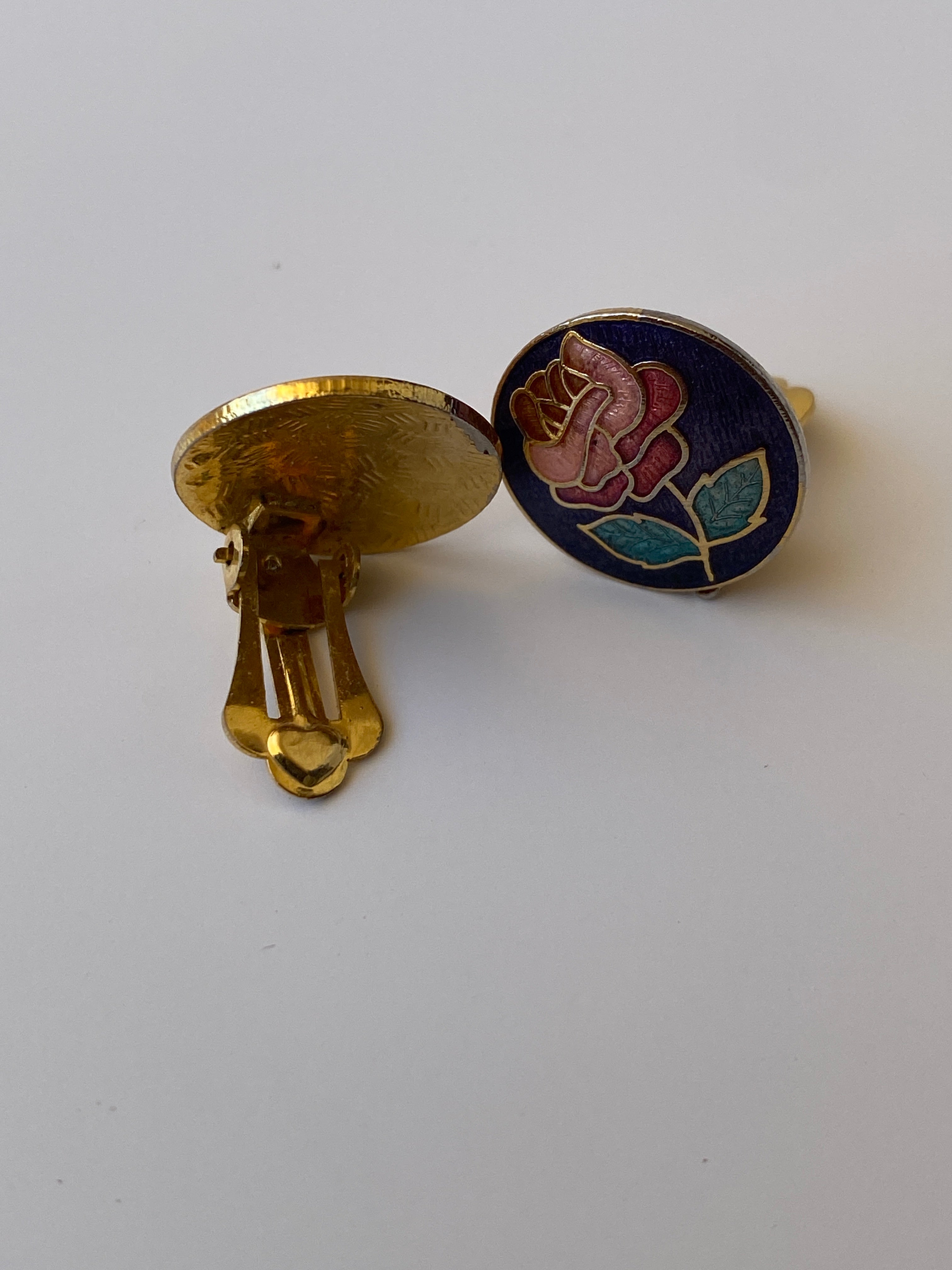 Vintage Enamel Rose Clip-On Blue Floral Cloisonné Style Mini Earrings