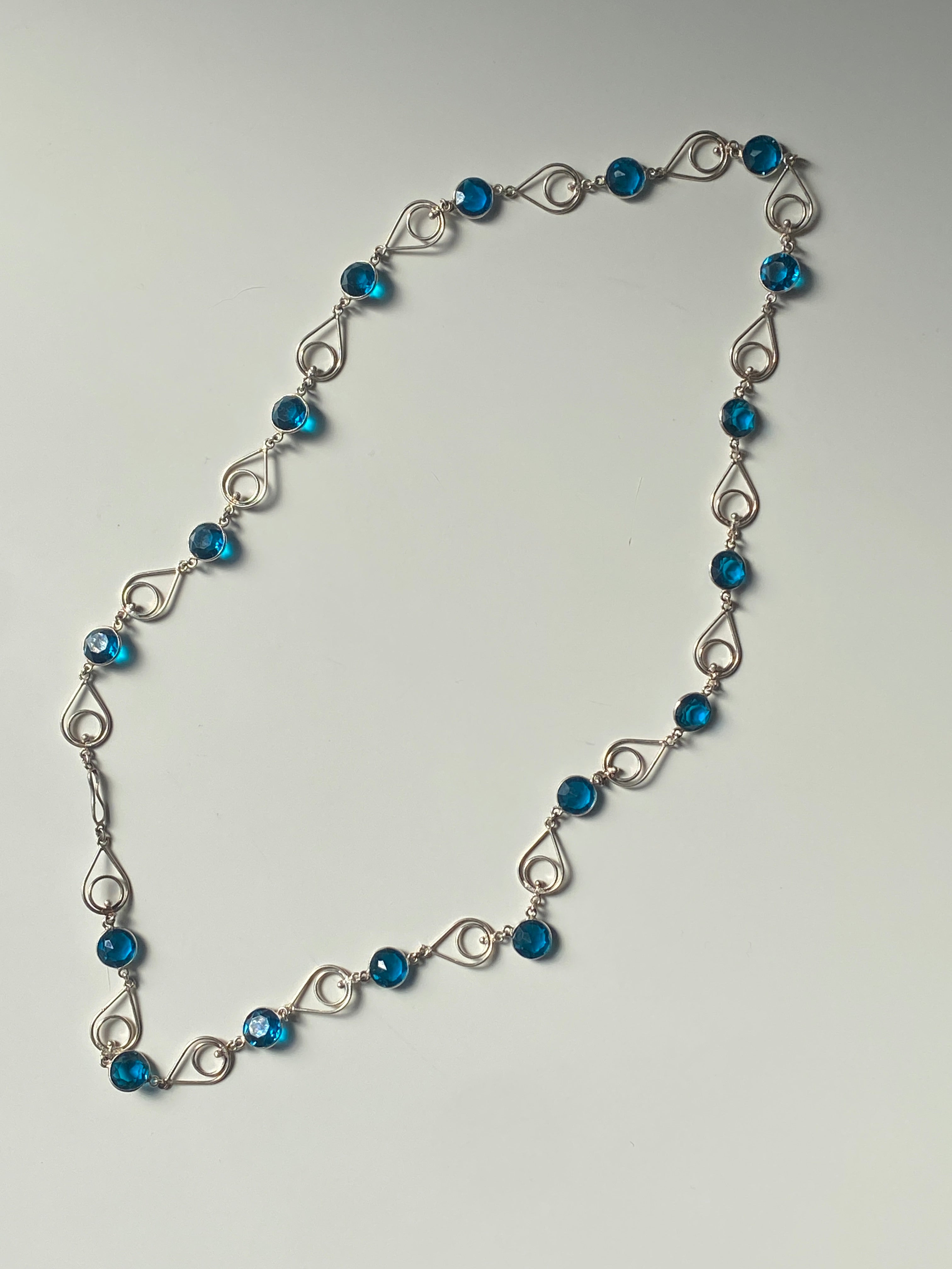 Vintage Blue Crystal Link Necklace Silver Tone Swirl Chain Statement Necklace