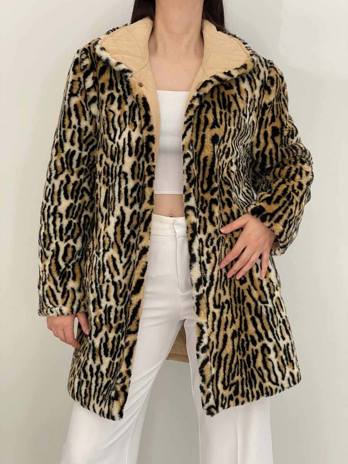 Vintage Y2K Reversible Beige Quilted Leopard Faux Fur Longline Jacket - L