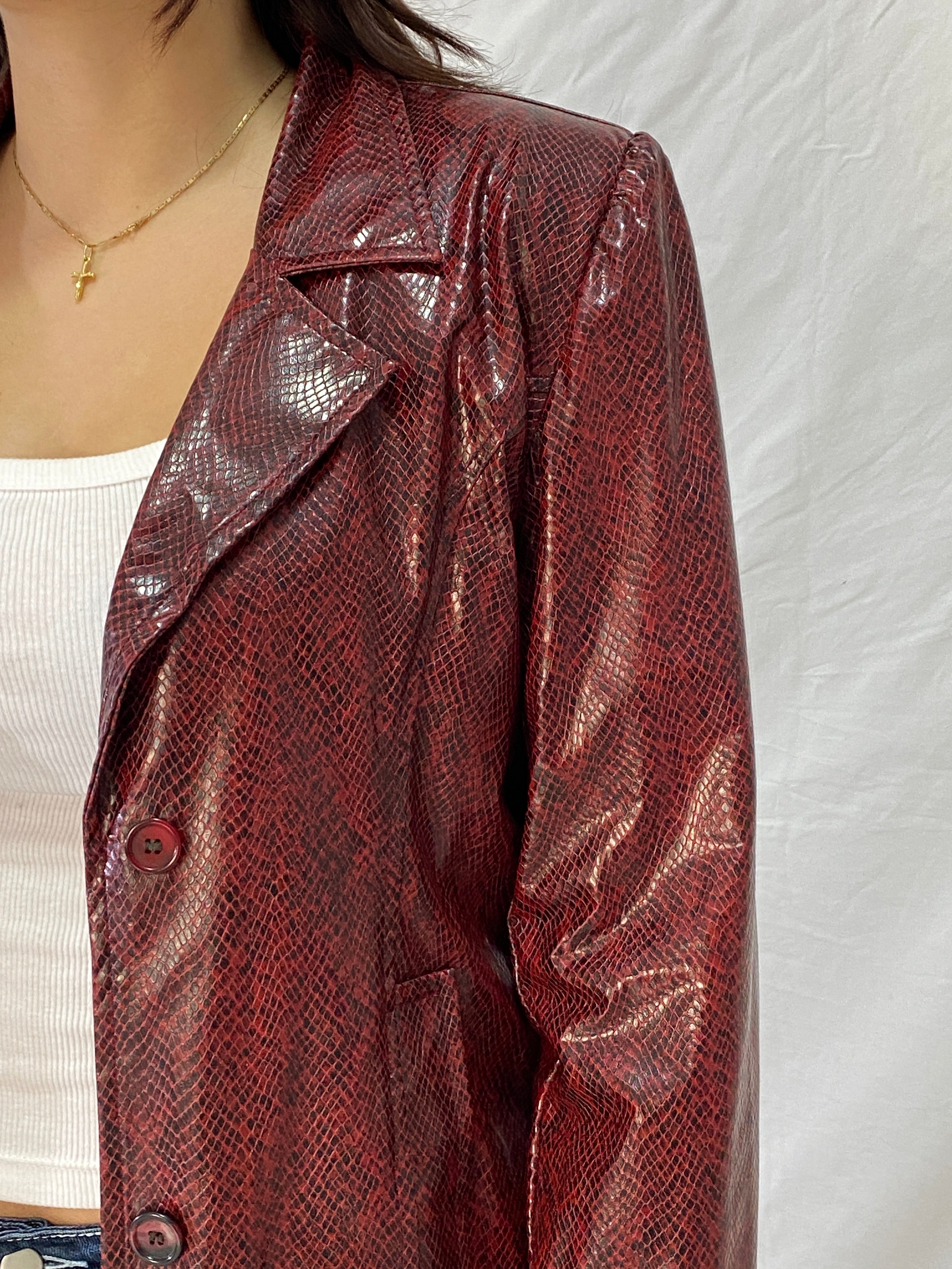 Vintage Burgundy Snakeskin Faux Leather Lined Coat with Leopard Print Interior – M