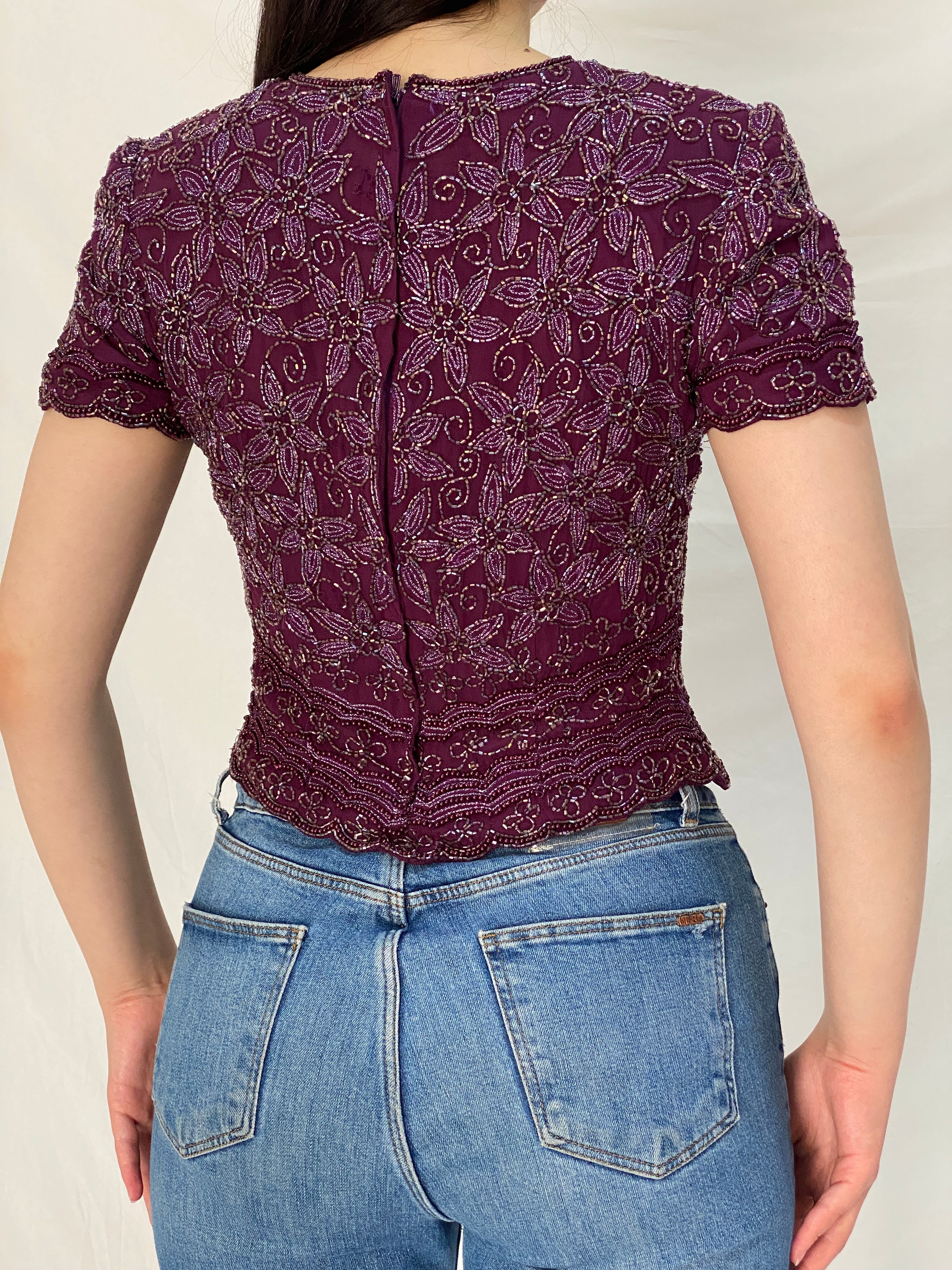Vintage Adrianna Papell Beaded Silk Top Purple Floral Sequin Mesh Y2K Evening Party Top - S