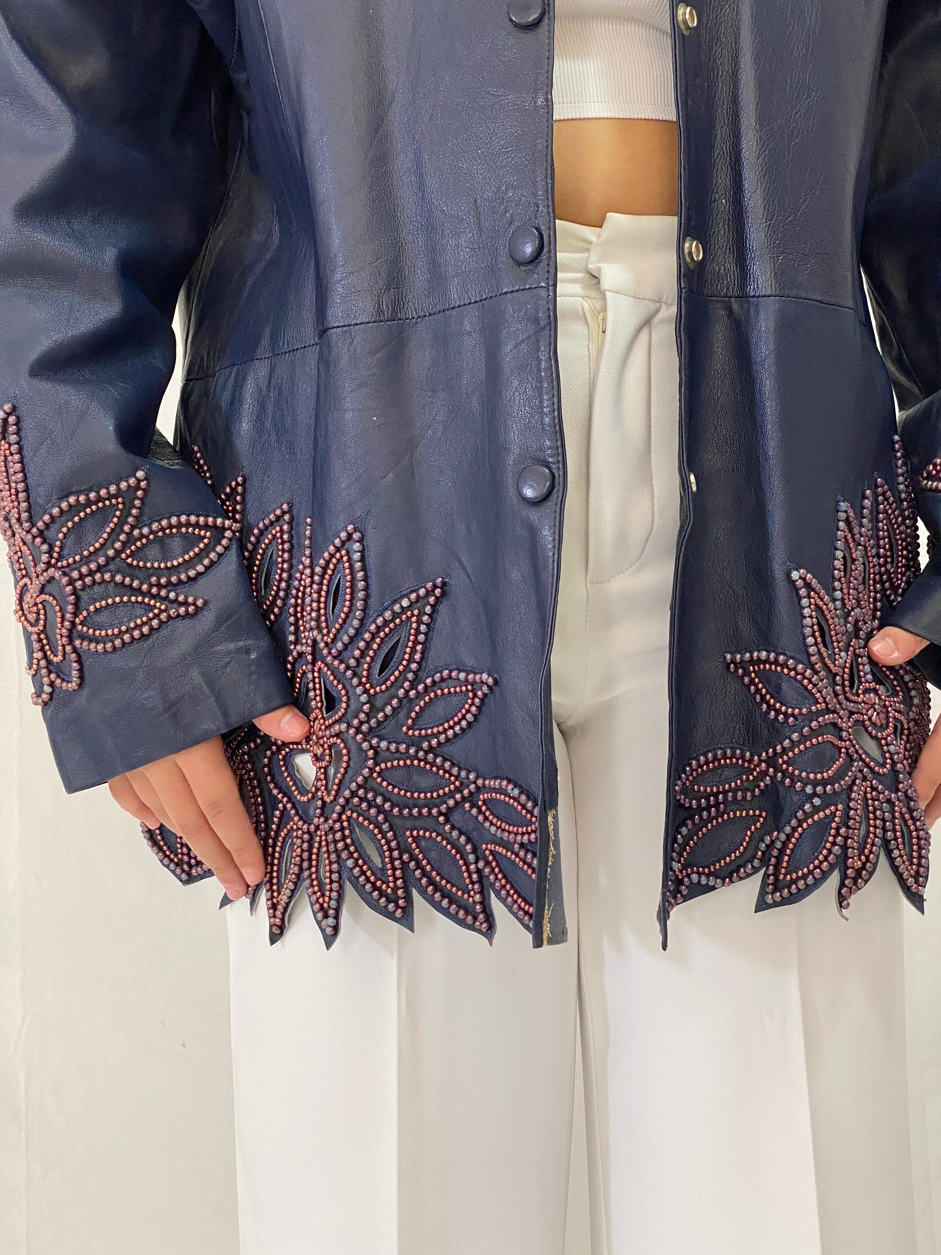 Vintage KOSHAR Genuine Leather Duster Coat Navy Beaded Cut-Out Floral Jacket - XL