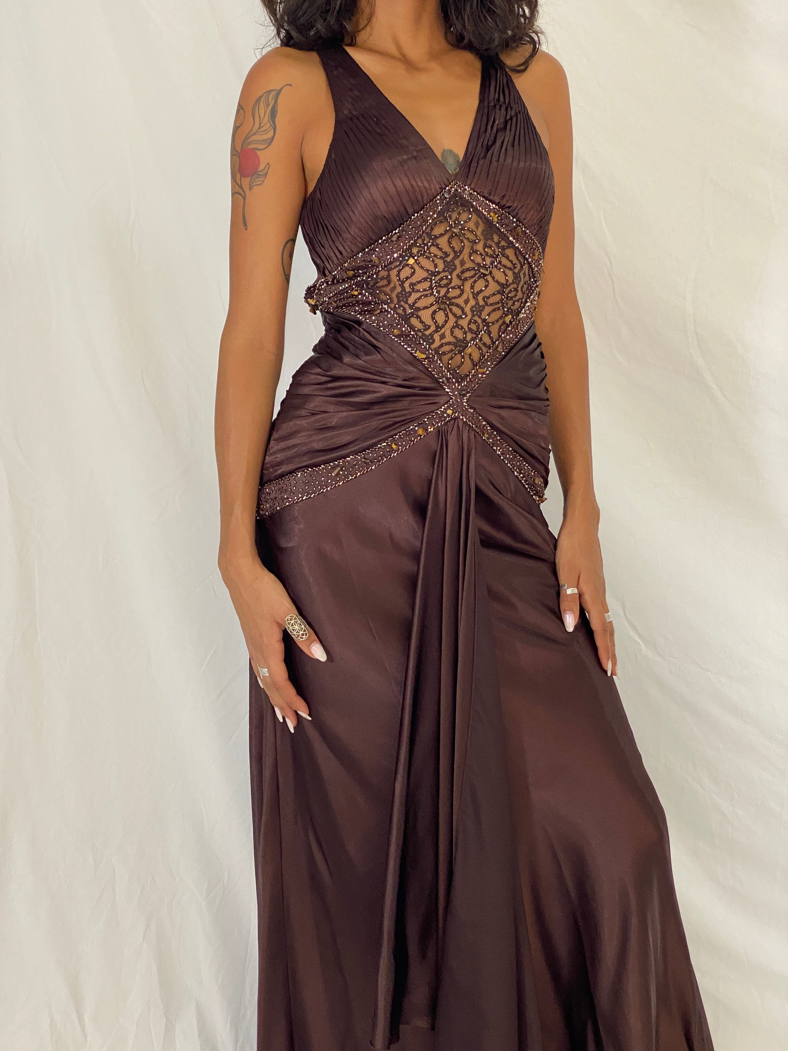 Vintage Y2K Alyce Designs Brown Satin Beaded Lace Cutout Formal Maxi Dress - XS