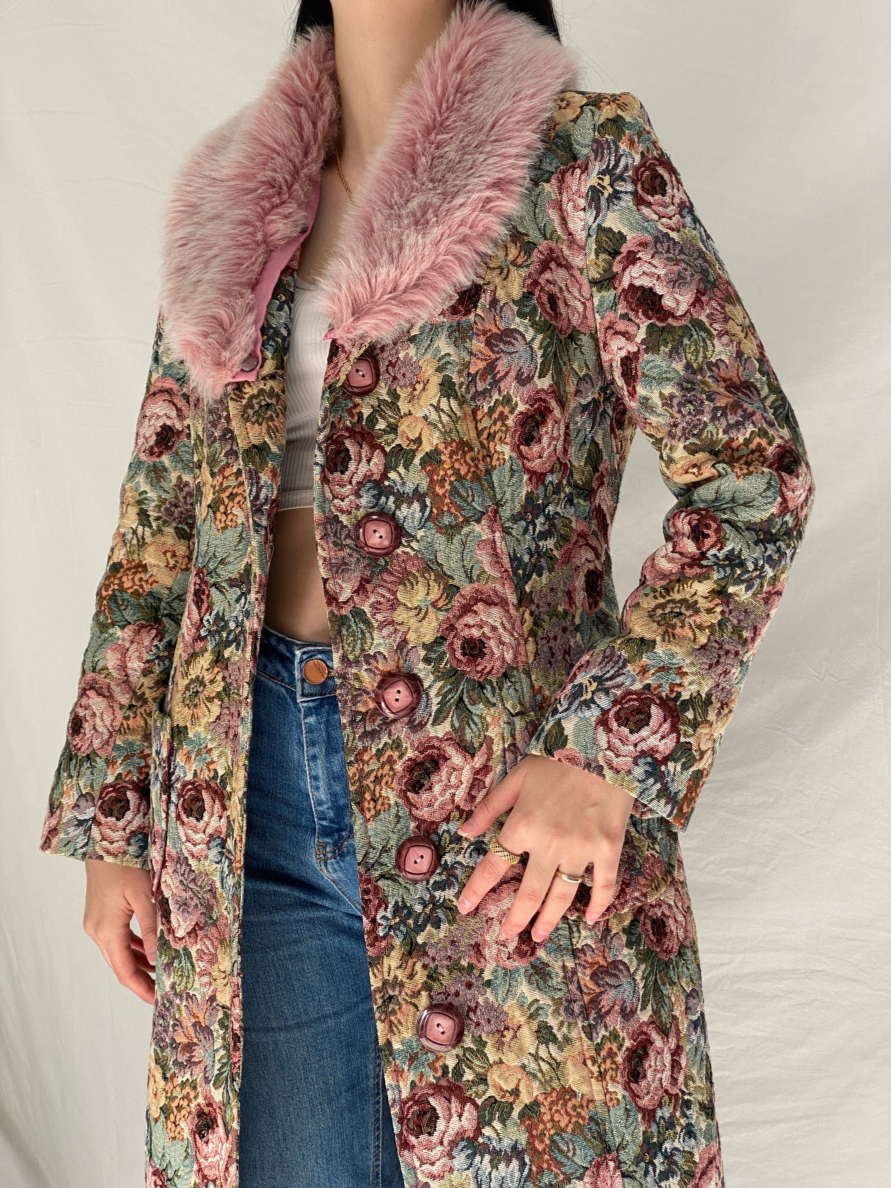 Vintage Statement Handmade Floral Tapestry Quilted Coat with Pink Faux Fur Collar - M