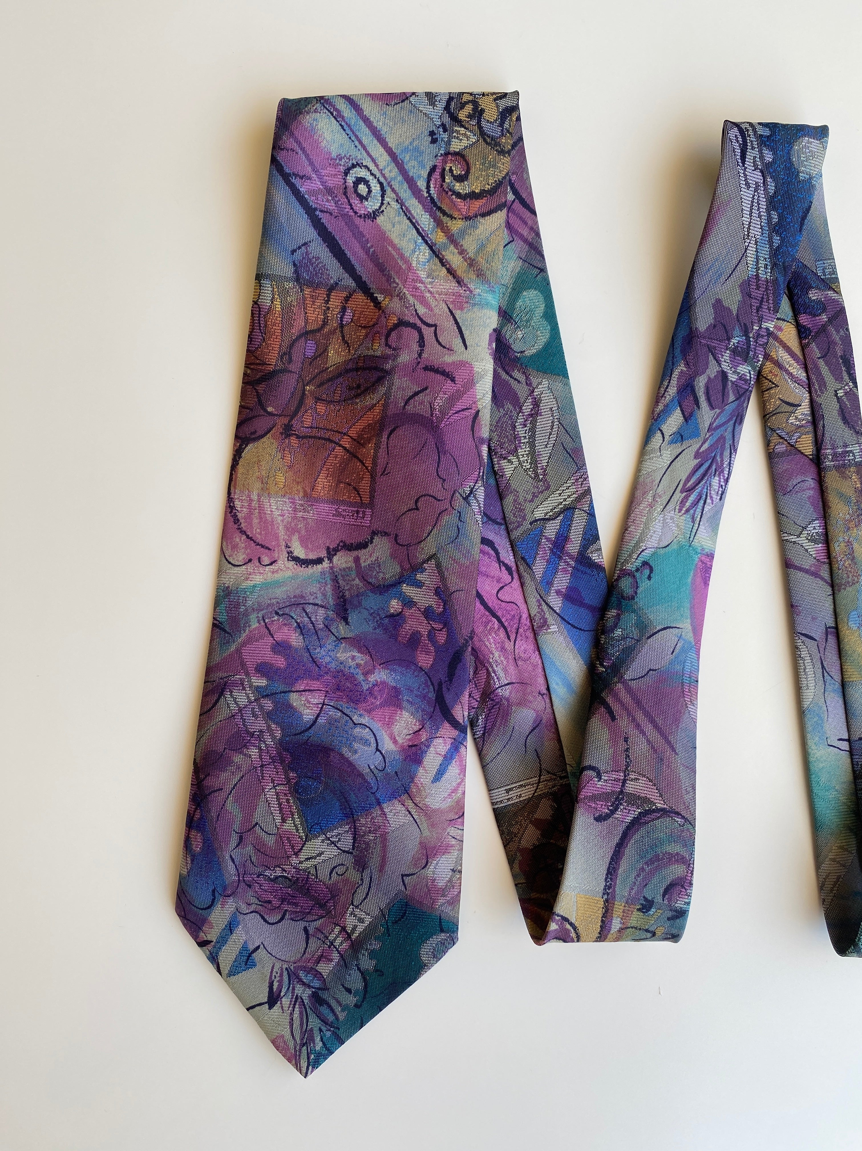 Vintage 1990s Purple Teal Abstract Floral Polyester Wide Necktie