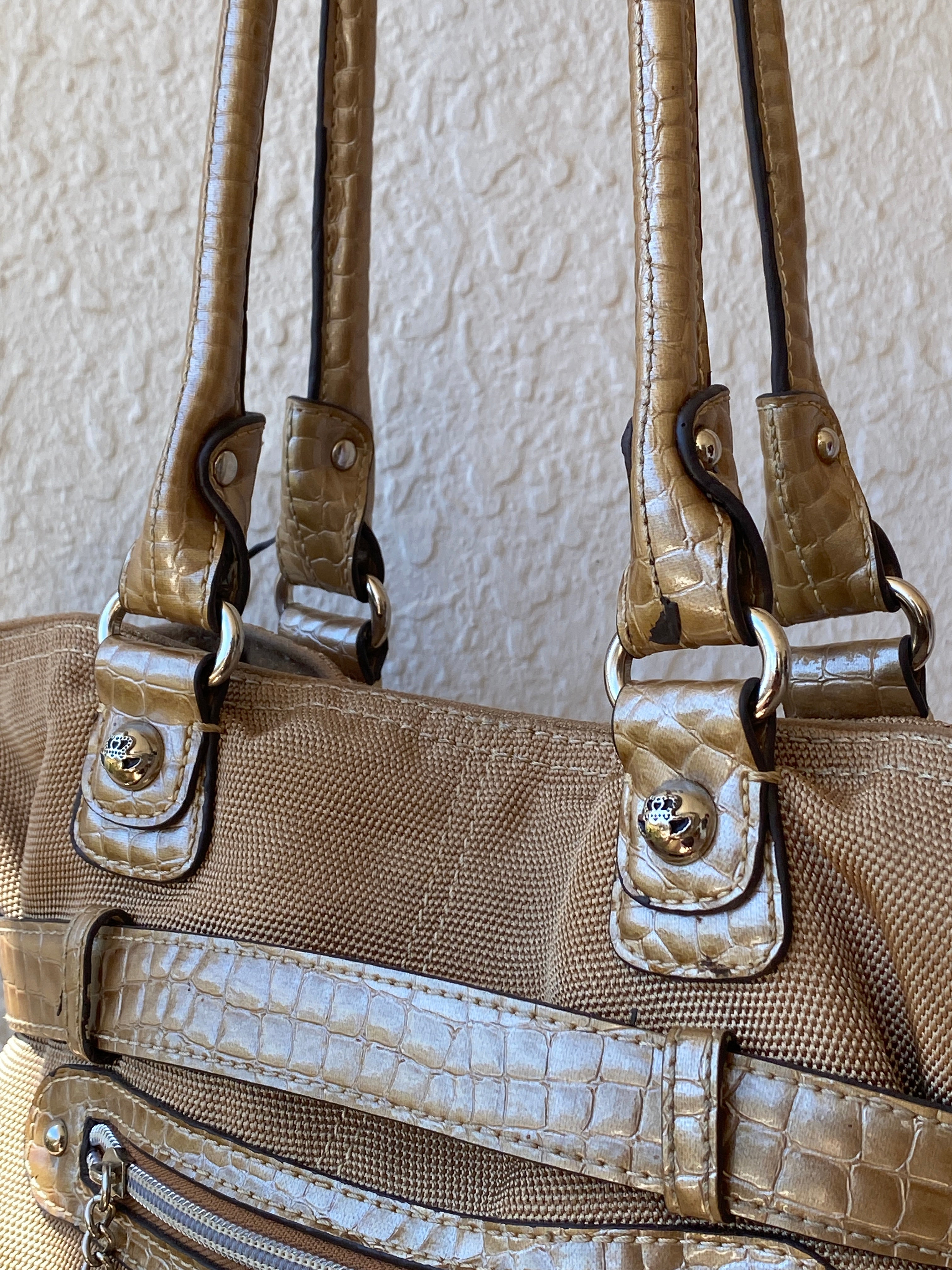 Vintage Y2K Kathy Van Zeeland Tan Canvas & Faux Croc Shoulder Tote Bag