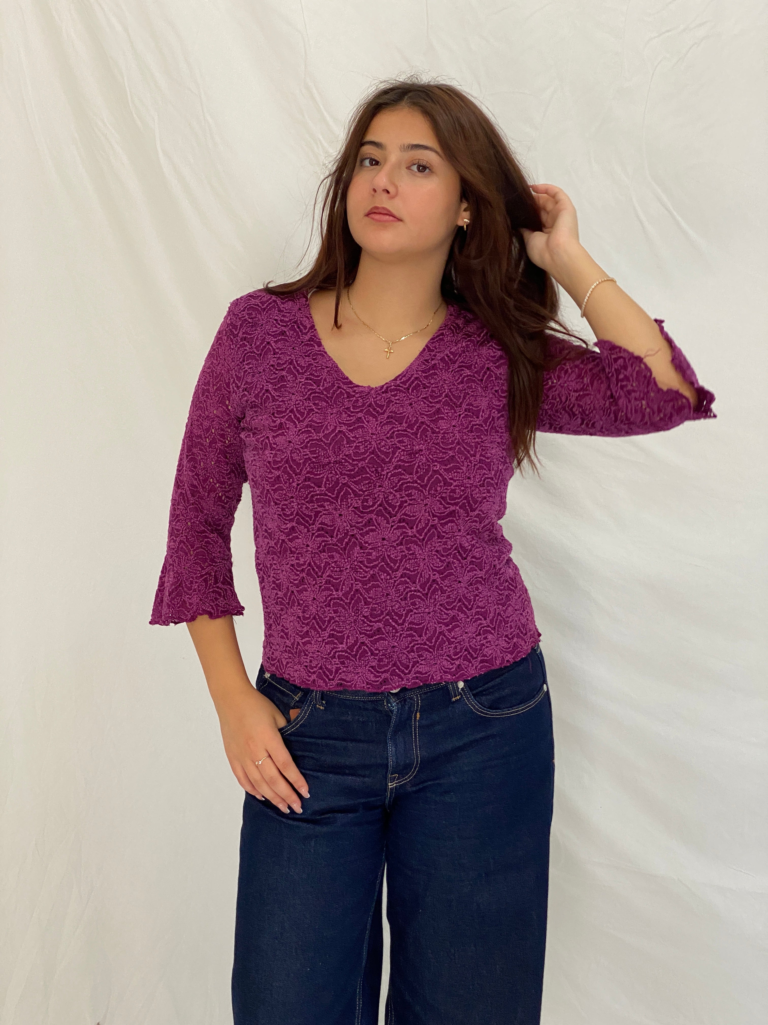 Vintage Y2K Studio 1940 Plum Purple Floral Lace V-Neck Top - L