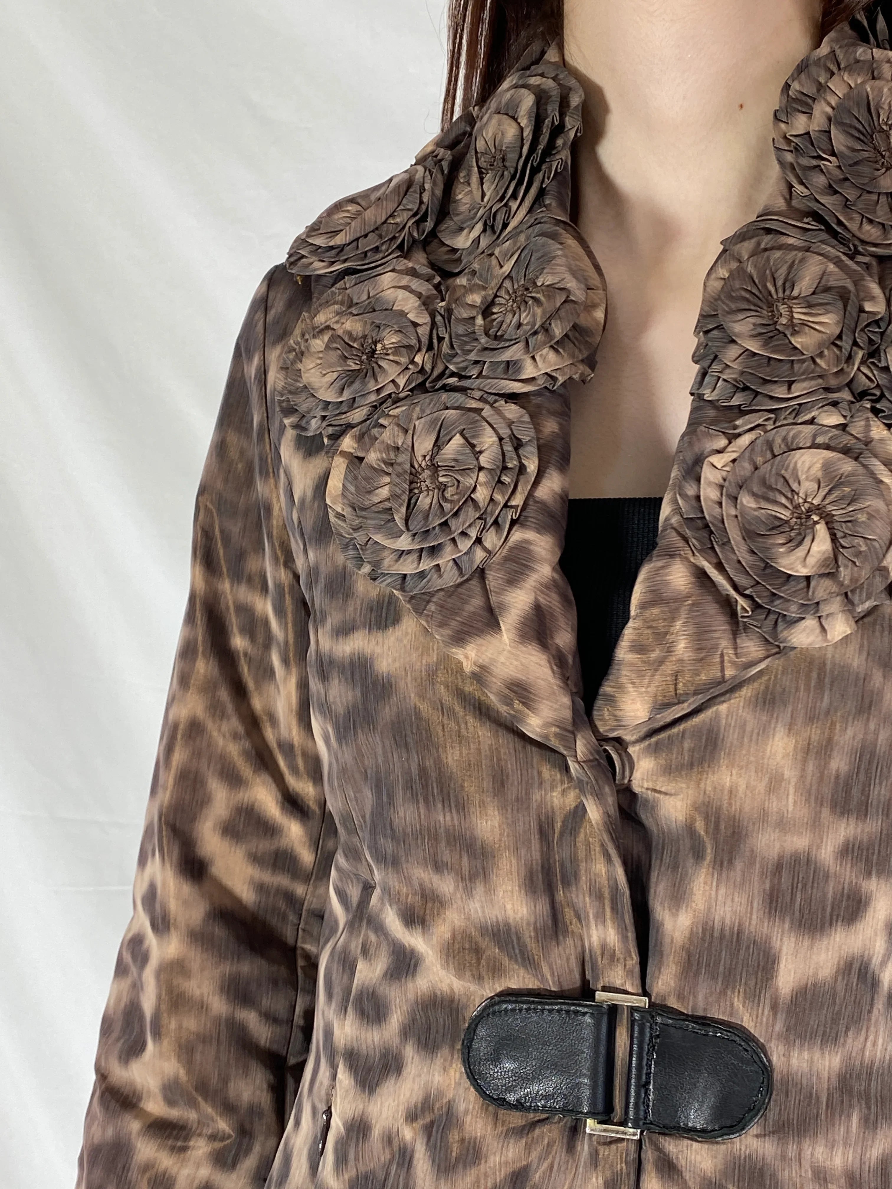 Boko Collection Brown Leopard Print Light Jacket with Floral Collar Detail - M