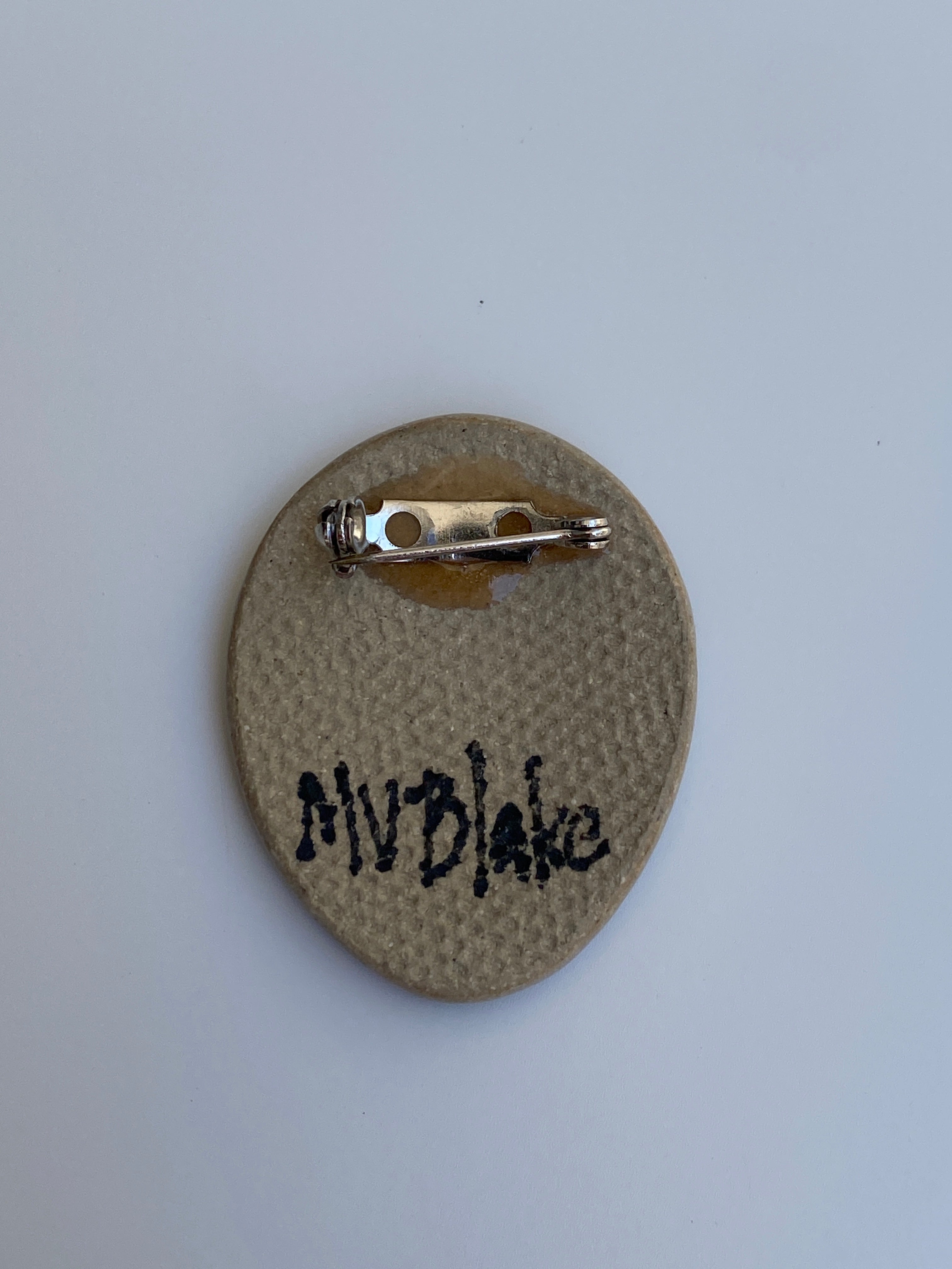 Vintage Hand-Painted Ceramic Tribal Face Brooch by MV Blake