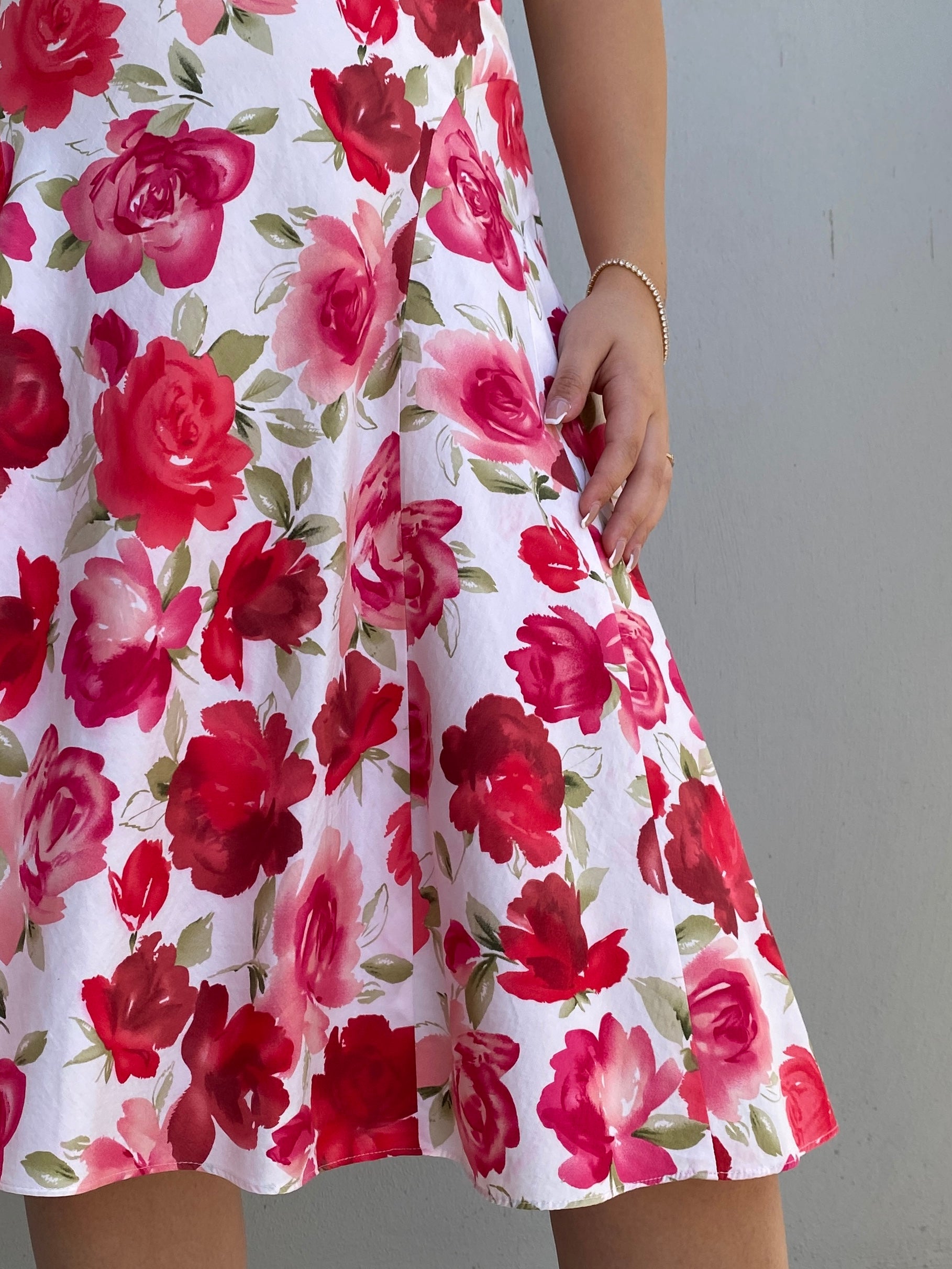 Vintage Talbots Petites White & Pink Cotton Rose Floral Halter Midi Dress – M