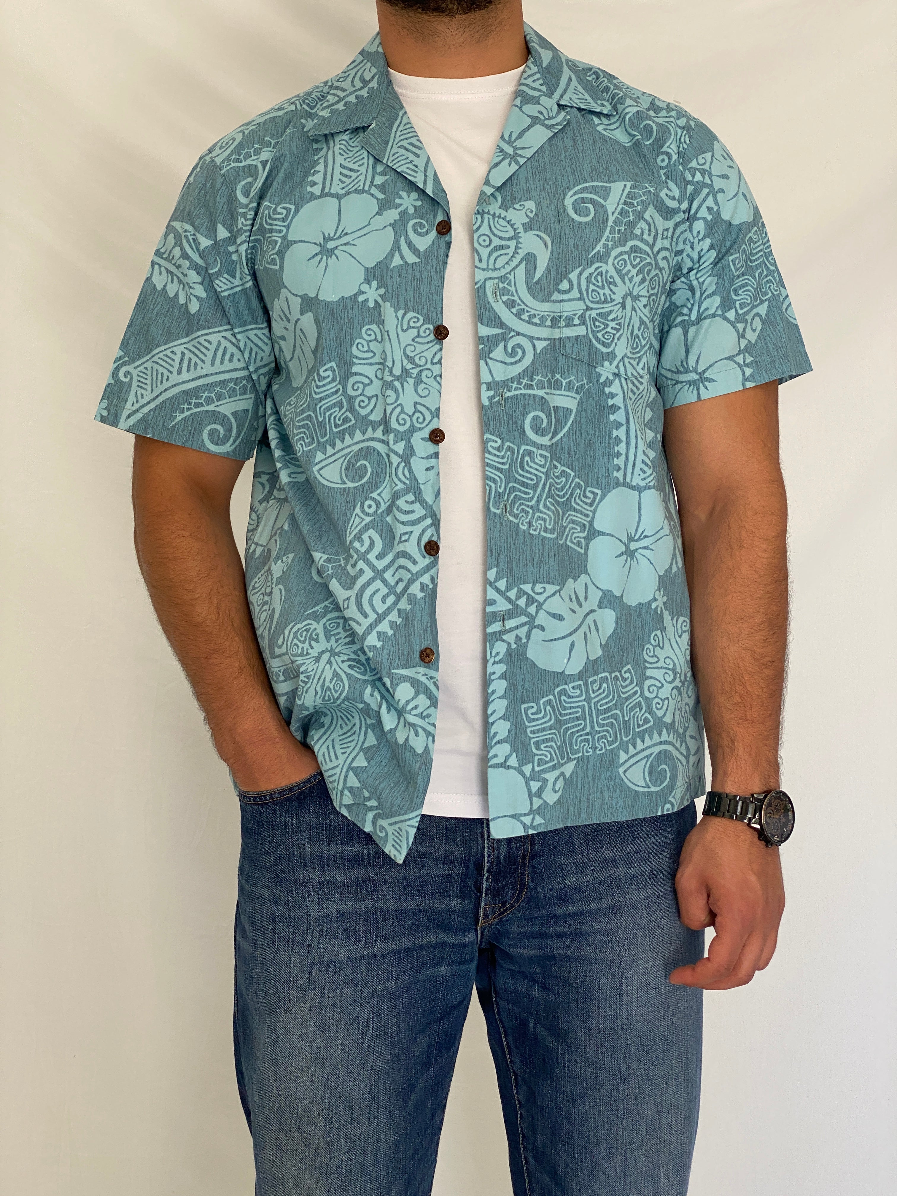 Vintage RJC Hawaiian Blue Cotton Aloha Tropical Tribal Camp Shirt – L