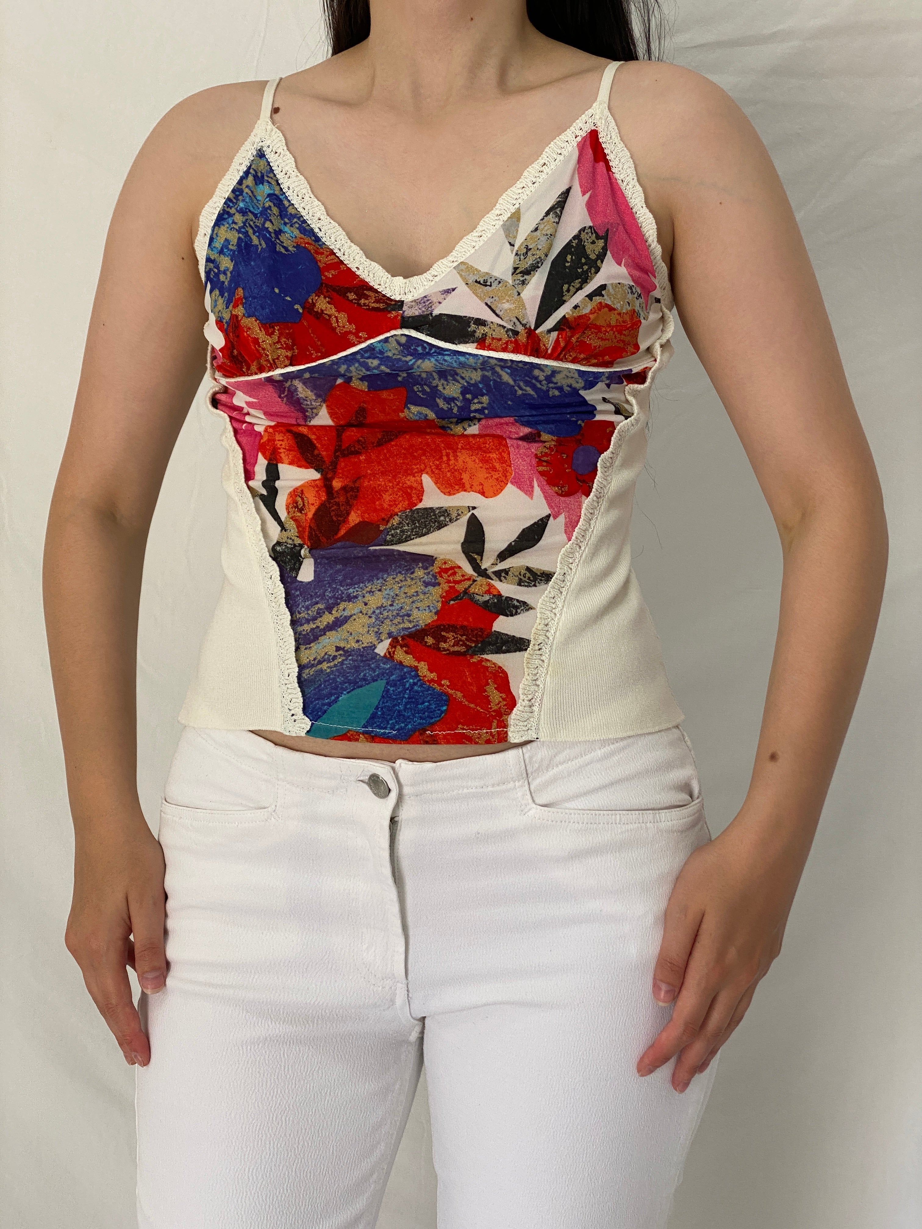 Vintage Y2K Abstract Floral Print Crochet Trim Cami Top Multicolor Knit Panel Cami - M