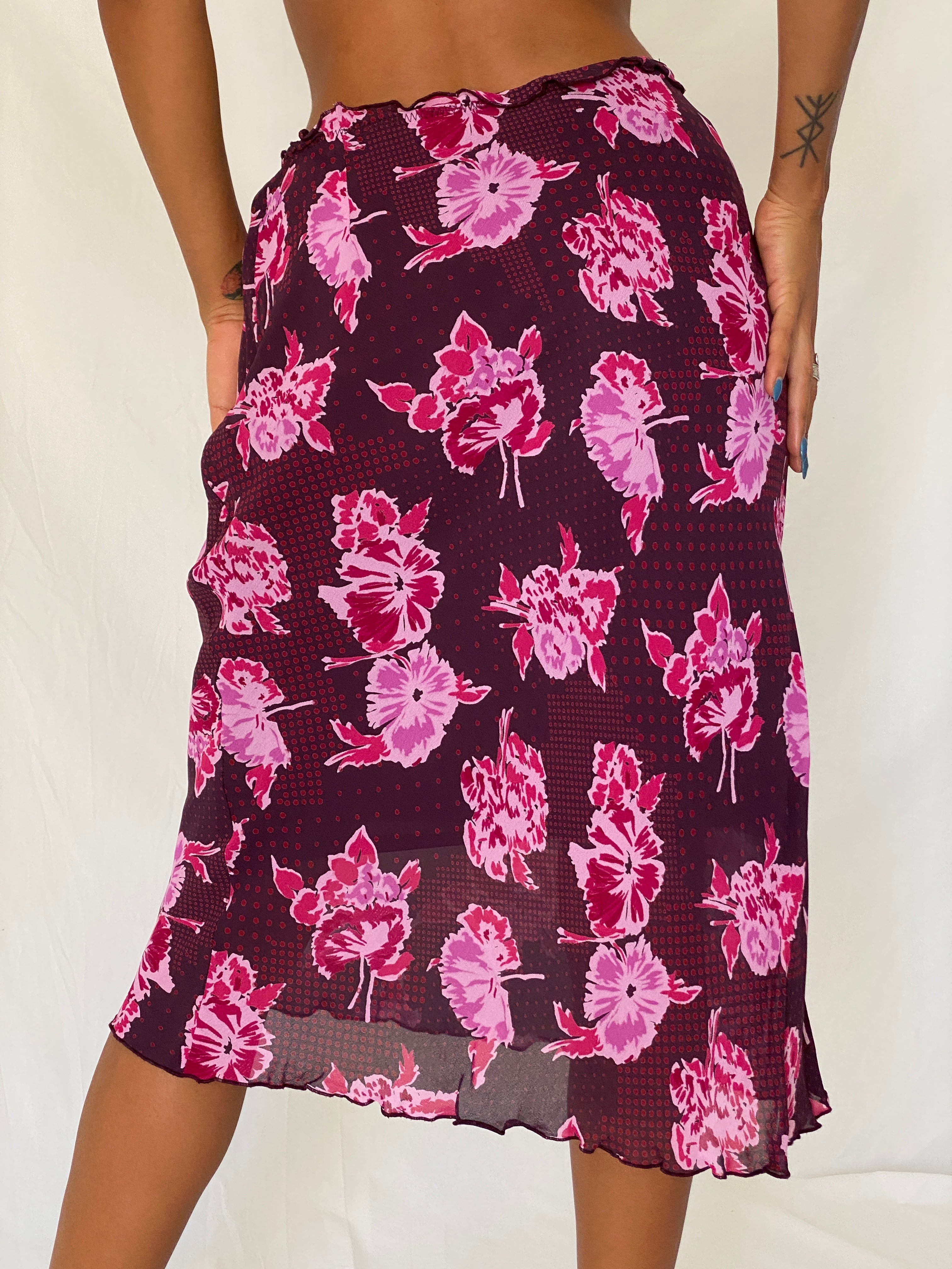 Vintage Y2K Caroll Paris Burgundy Pink Viscose Floral Midi Skirt – M