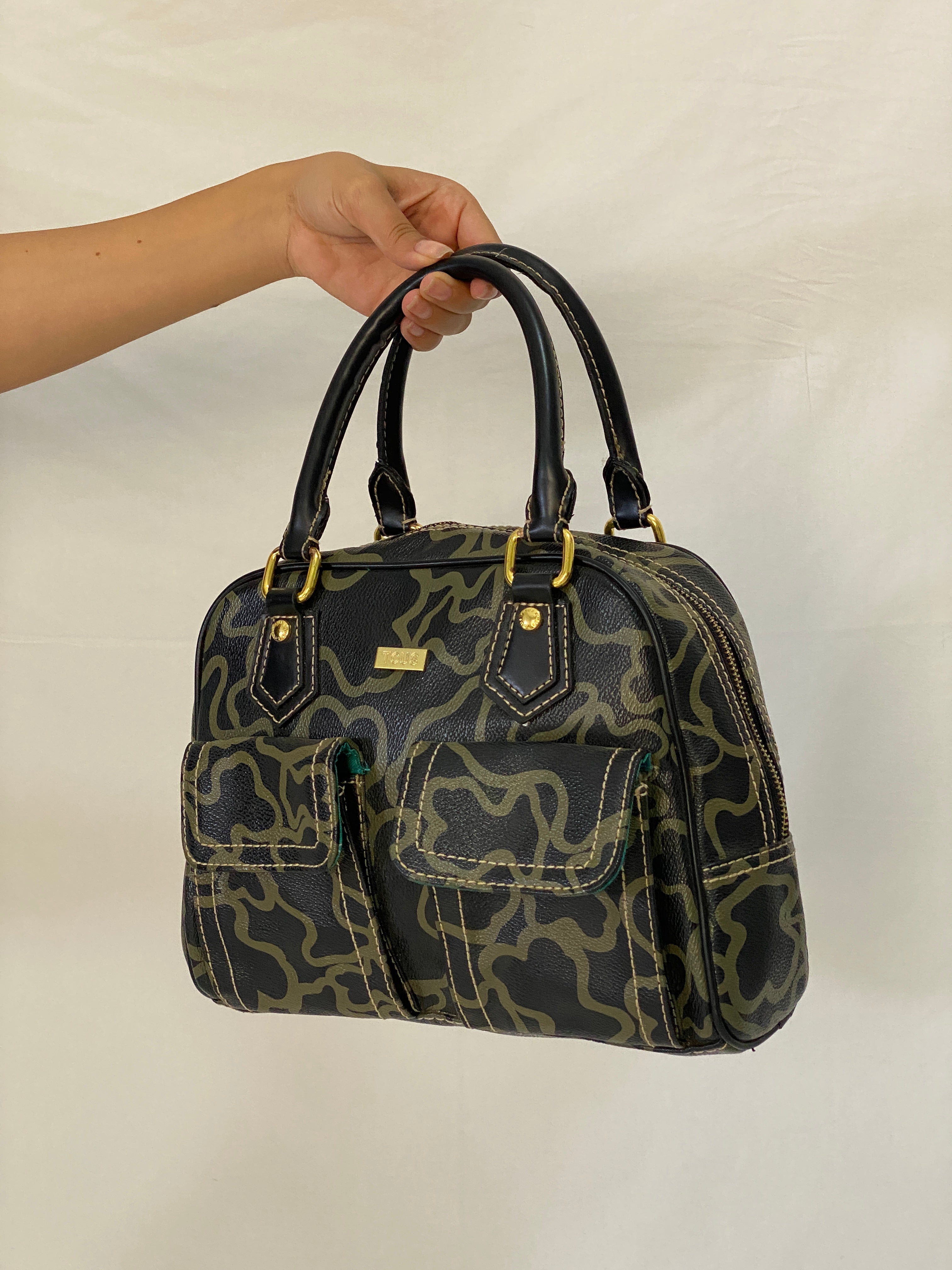 TOUS Kaos Monogram Satchel Bag Black Khaki Bear Logo Bowling Top Handle Purse