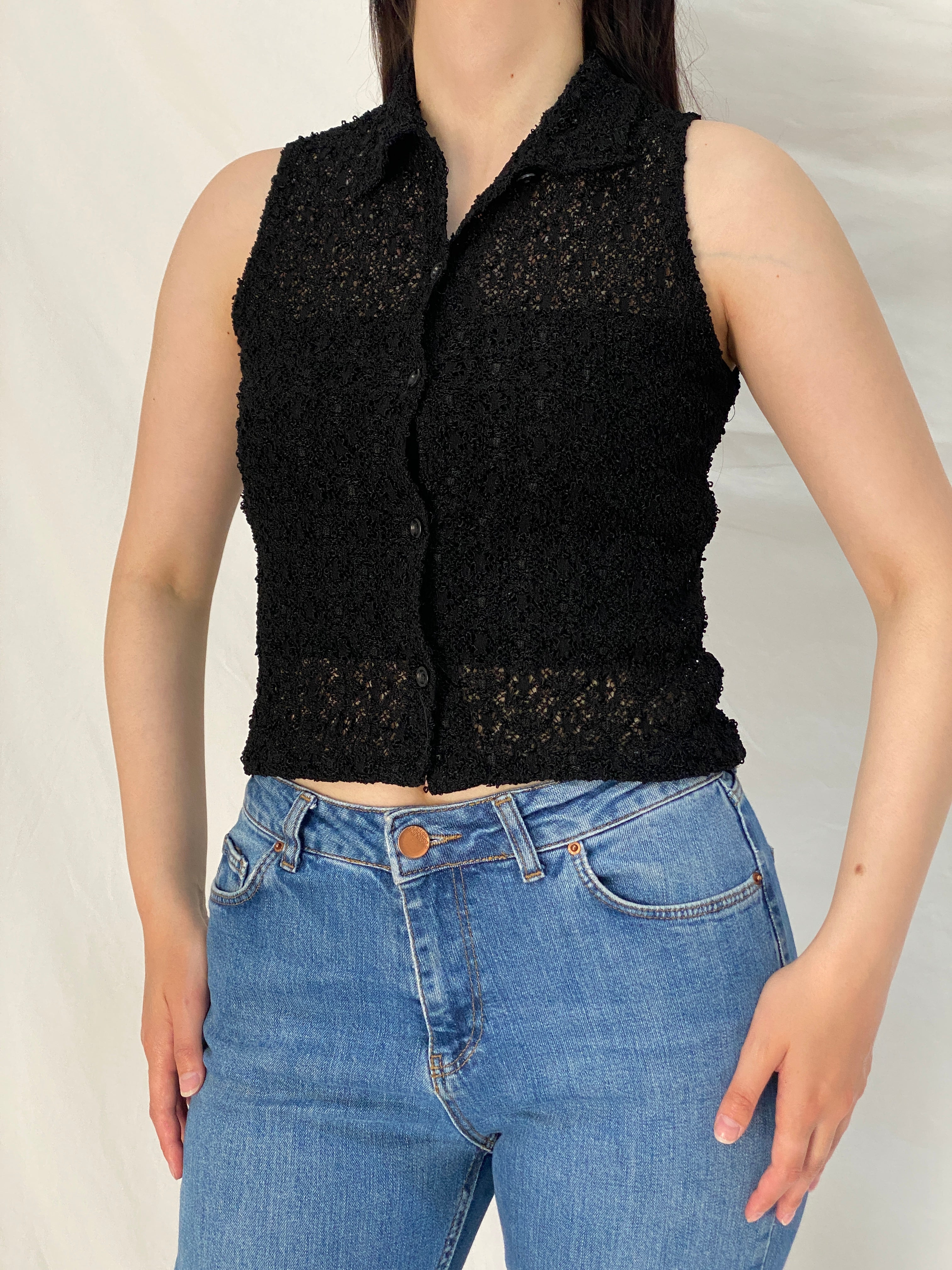 Y2K Black Crochet Knit Sleeveless Button-Up Cropped See Through Shirt – S