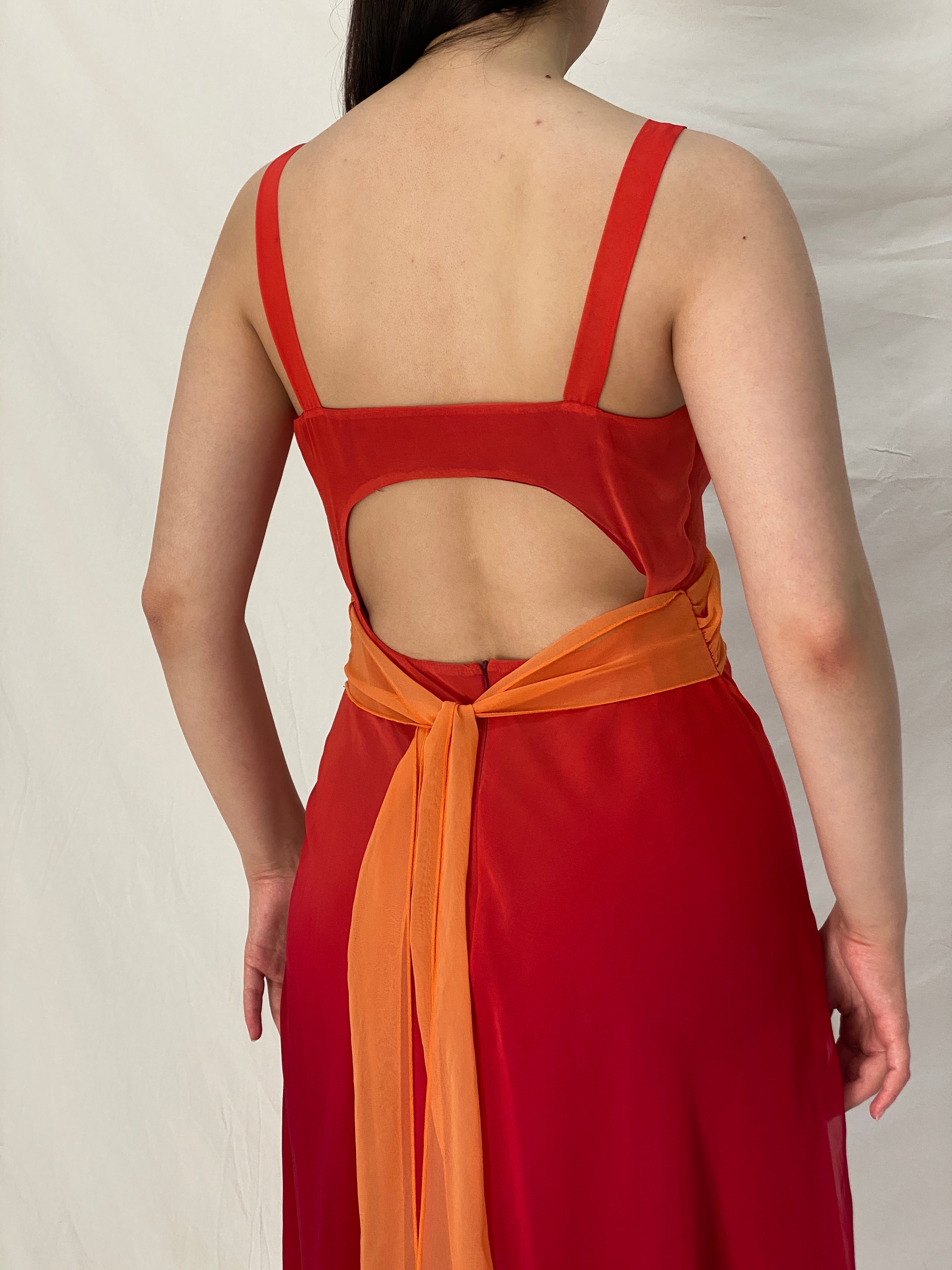 Vintage 90s BAY Red Orange Ombre Chiffon Midi Wedding Guest Dress – M
