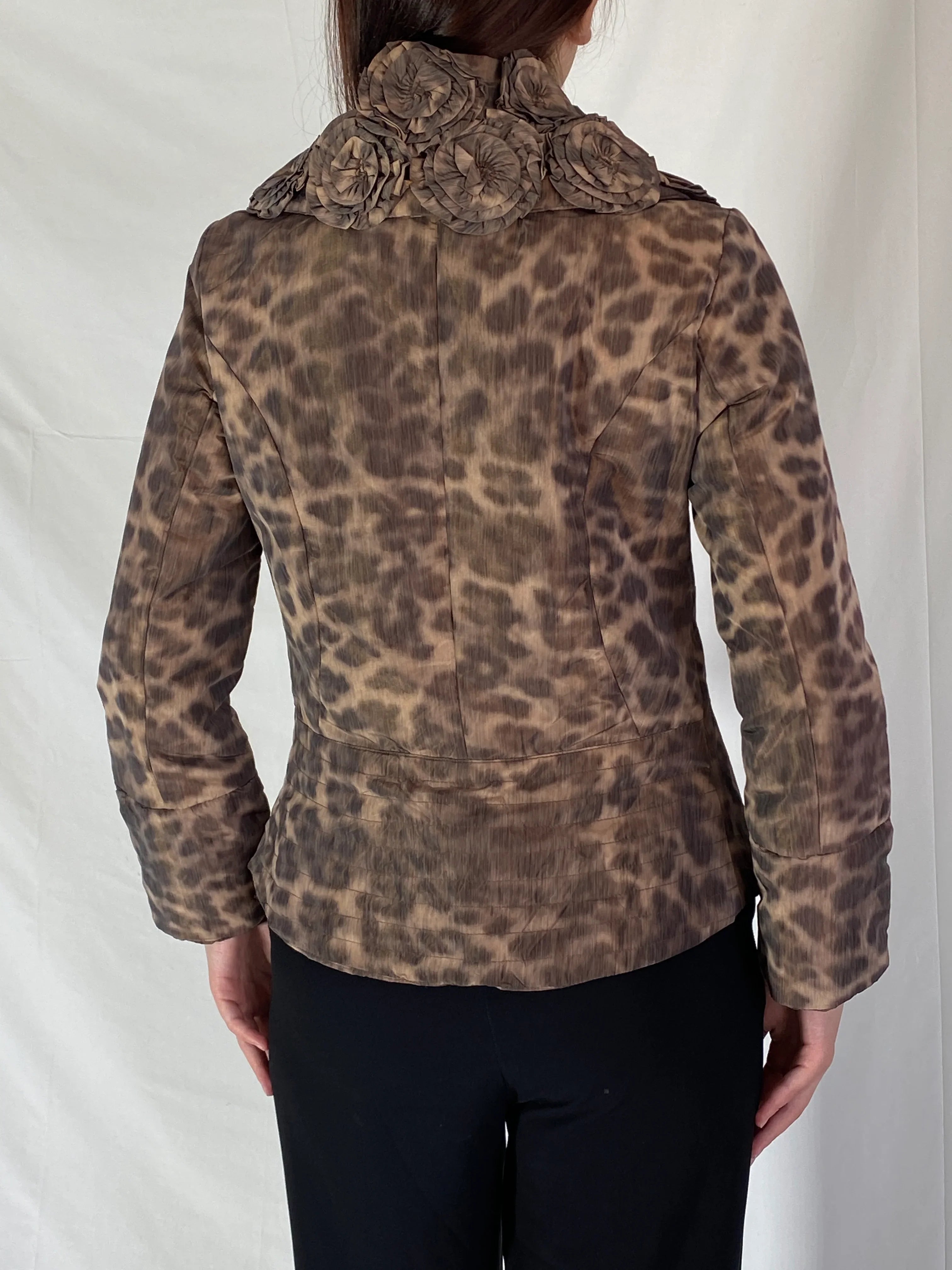 Boko Collection Brown Leopard Print Light Jacket with Floral Collar Detail - M