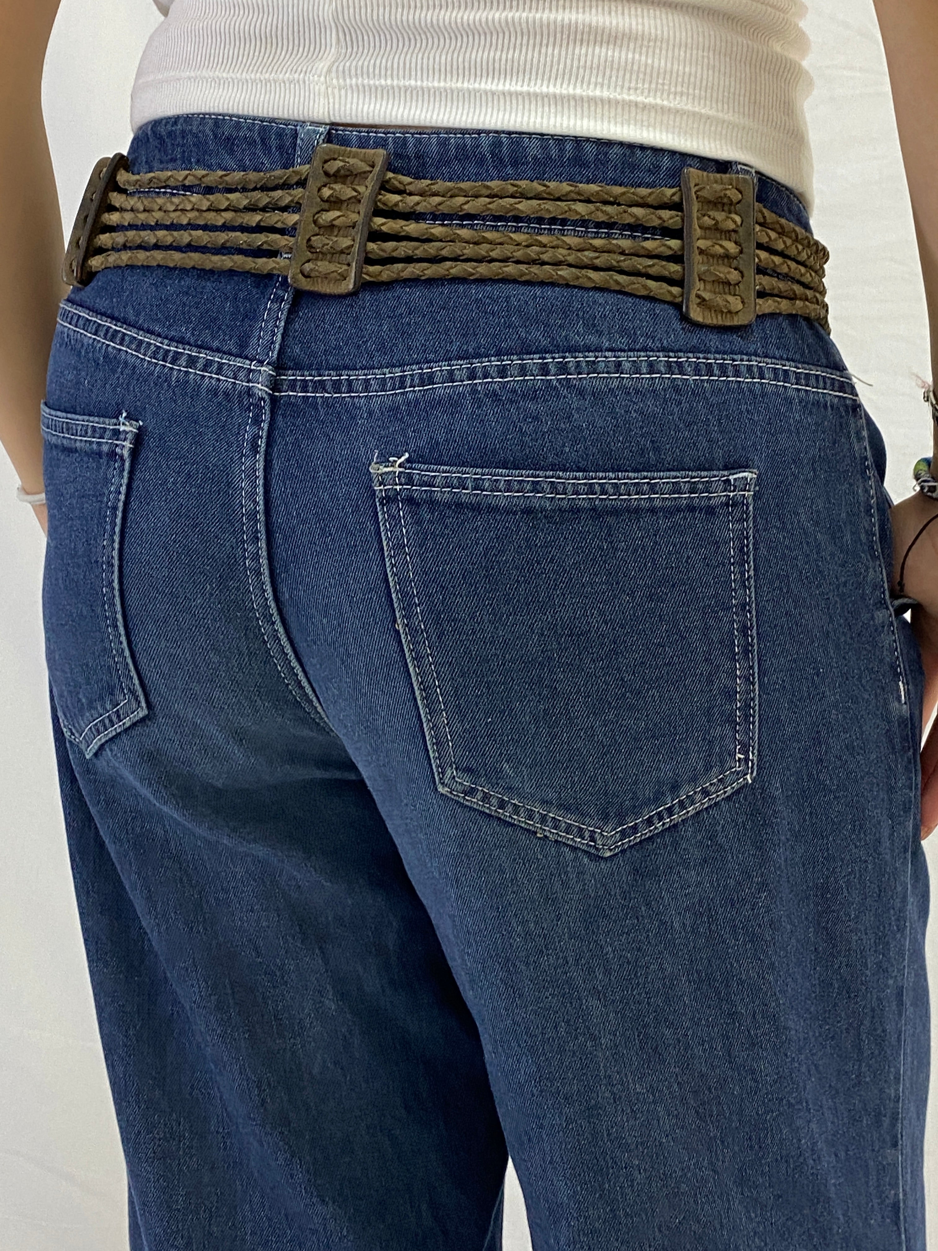 Vintage Genuine Leather Wide Braided Waist Belt with Square Buckle