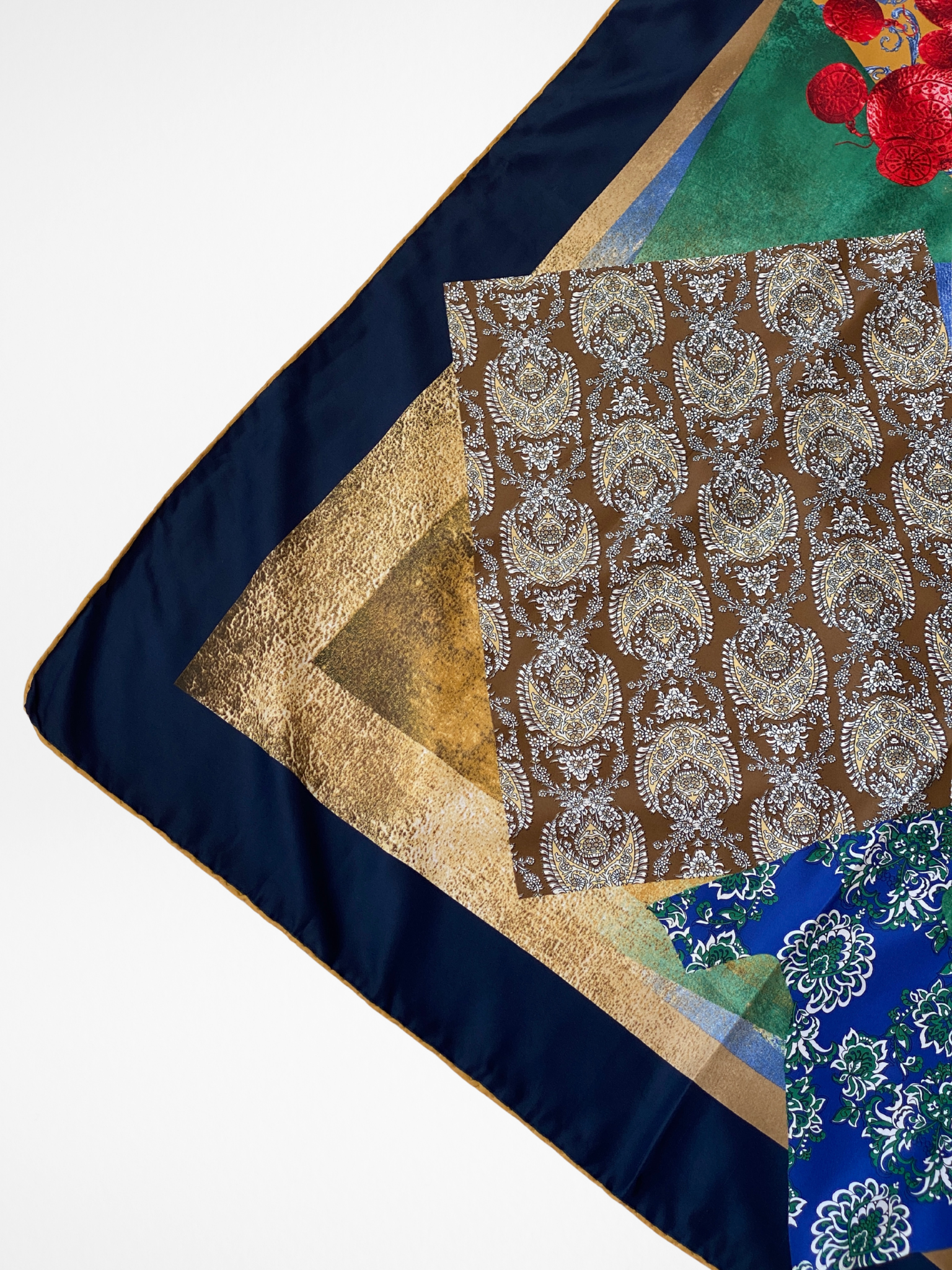 Vintage Tugee Patchwork Print Satin Navy Boho Square Scarf