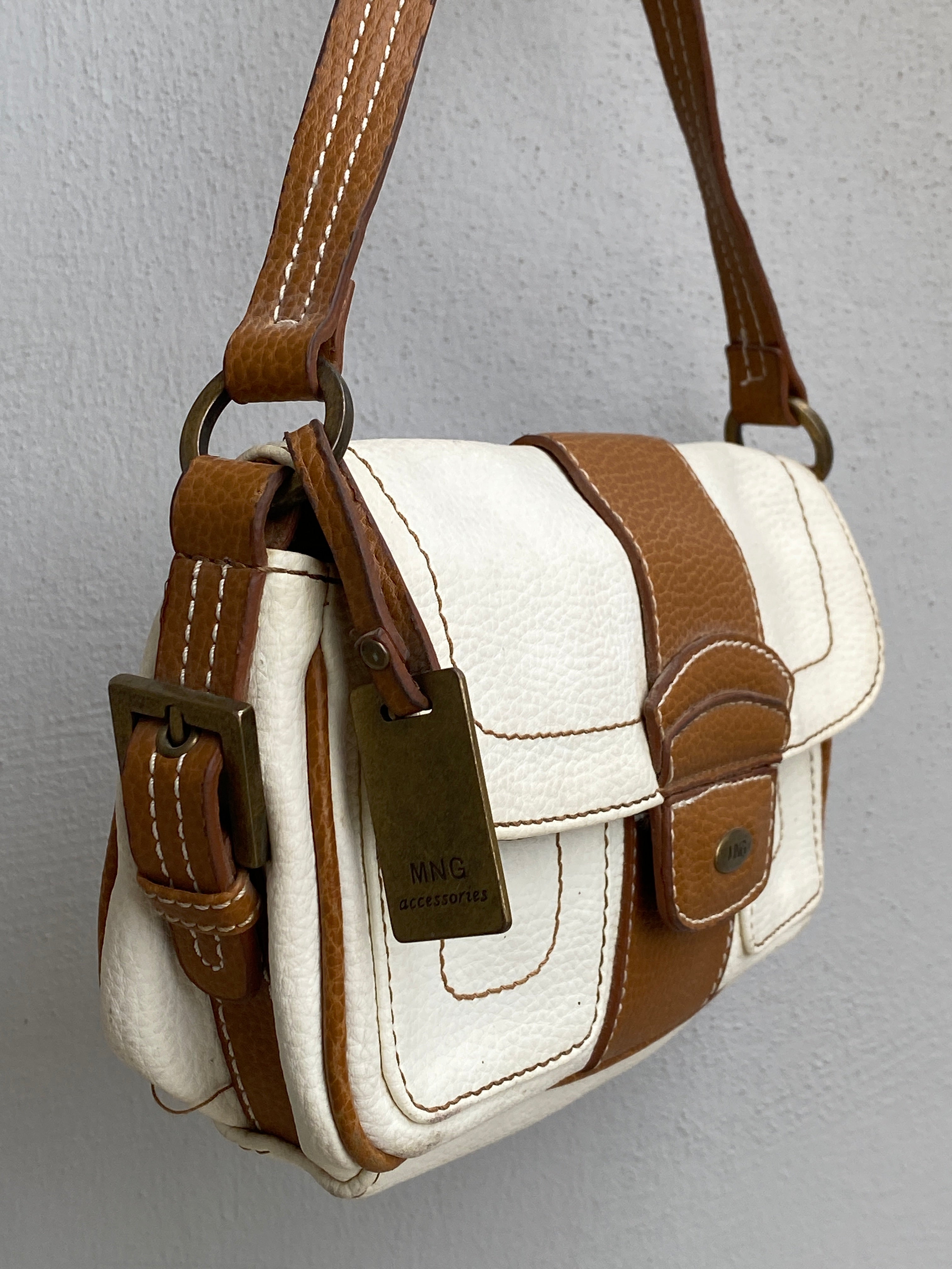 Vintage Y2K Mango Cream & Tan Leather Shoulder Bag Contrast Stitch Flap Mini Bag