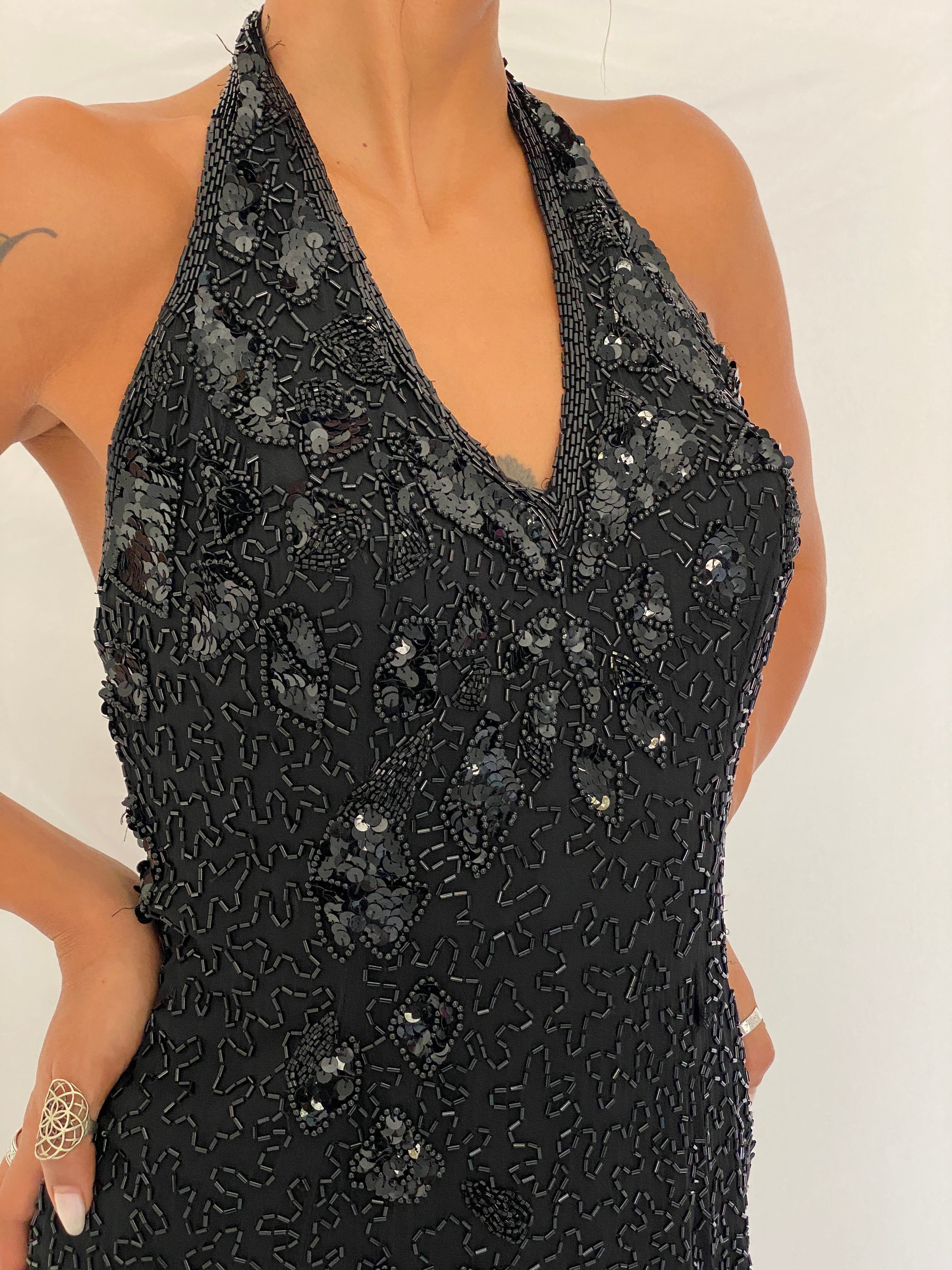 Vintage 90s Nite Line Black Silk Beaded Fringe Halter Mini Dress – XS