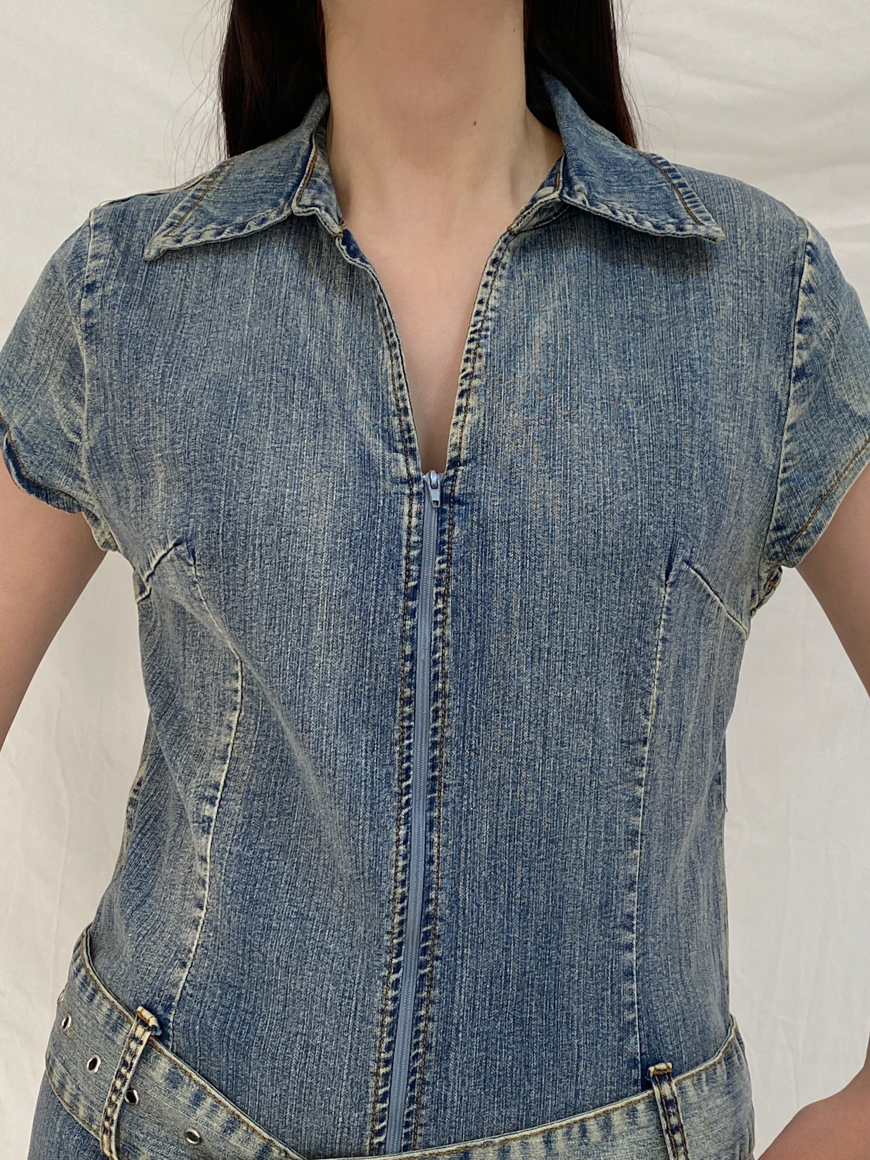 Vintage Y2K X-Mail Belted Zip Front Short Sleeve Denim Dress – M
