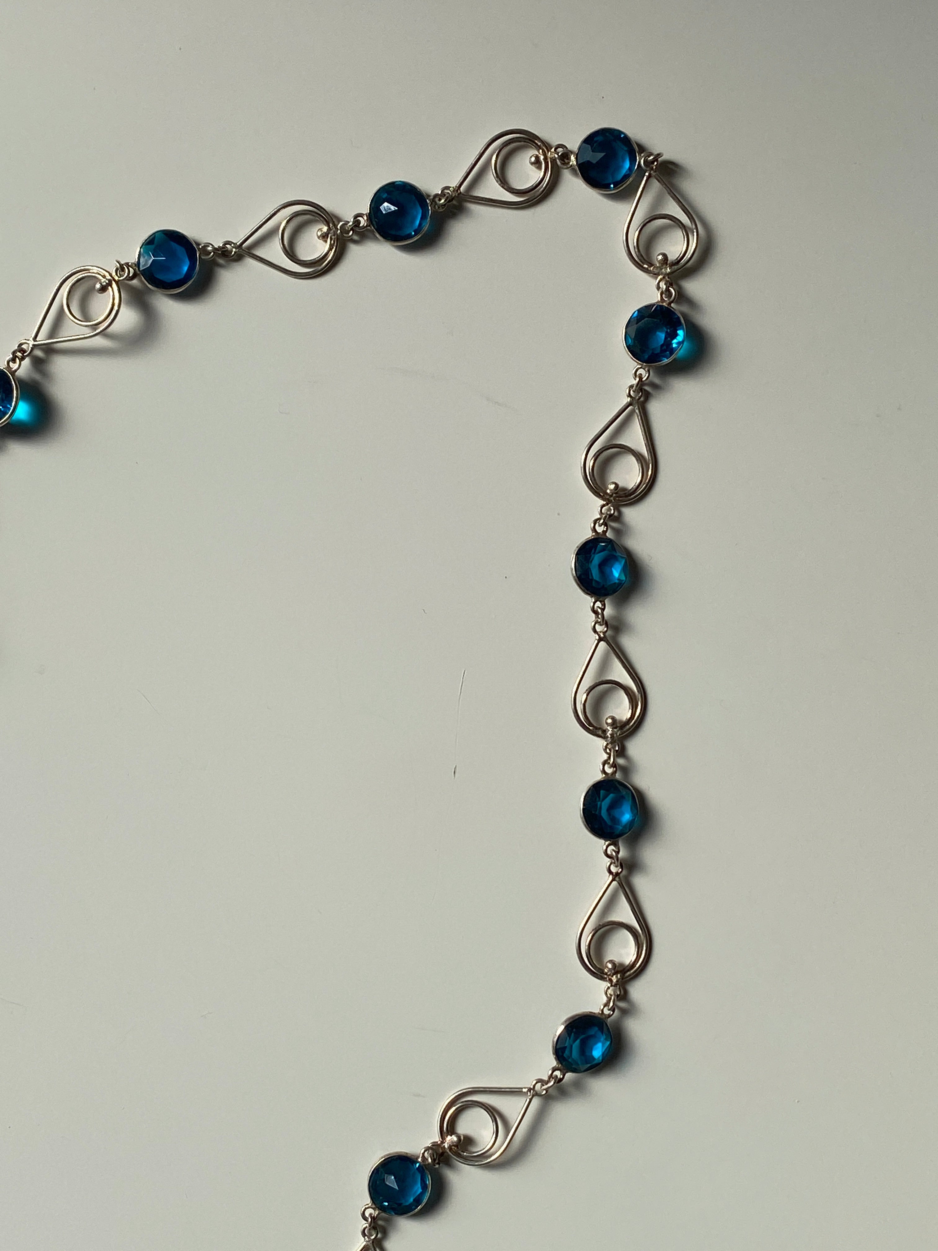 Vintage Blue Crystal Link Necklace Silver Tone Swirl Chain Statement Necklace