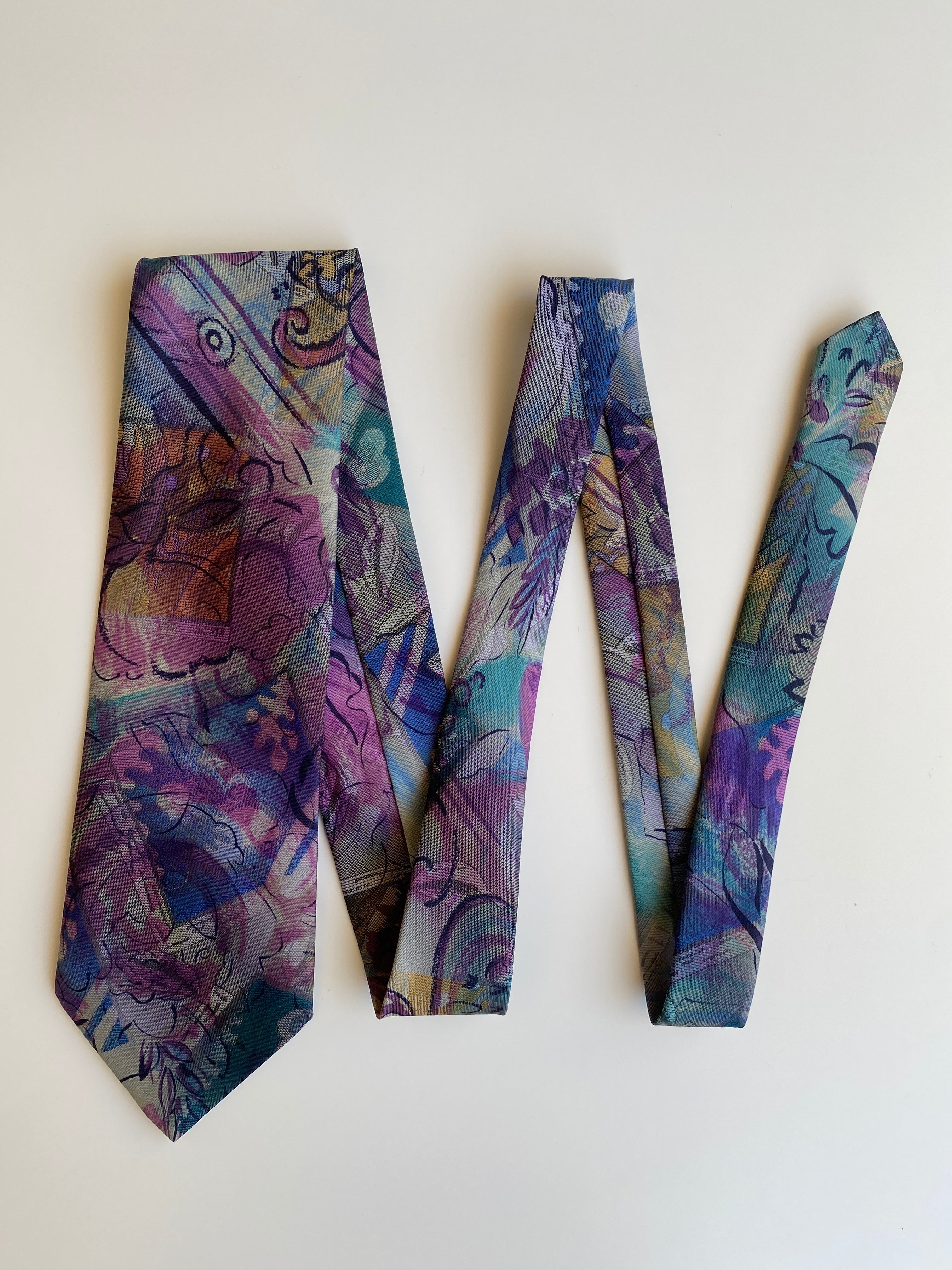 Vintage 1990s Purple Teal Abstract Floral Polyester Wide Necktie