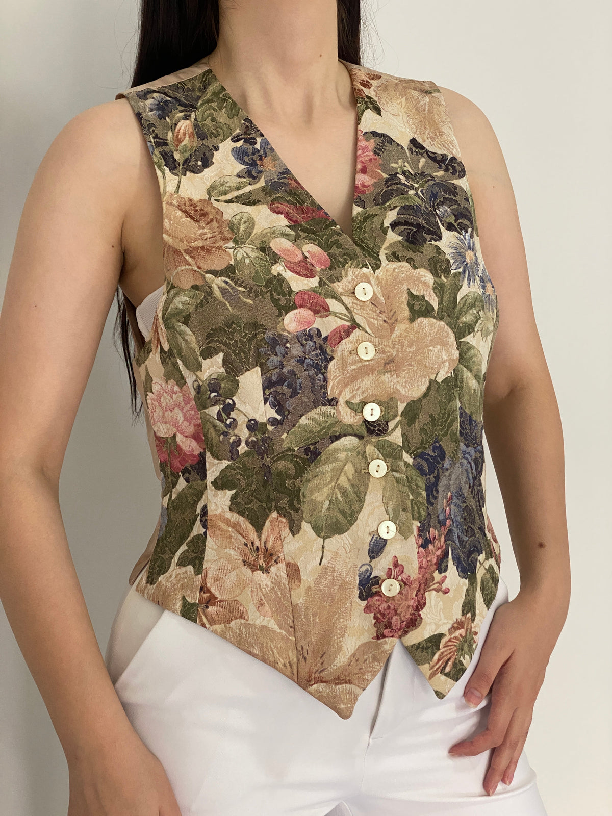 Vintage 90s Liz Claiborne Collection Beige Floral Tailored Vest – M