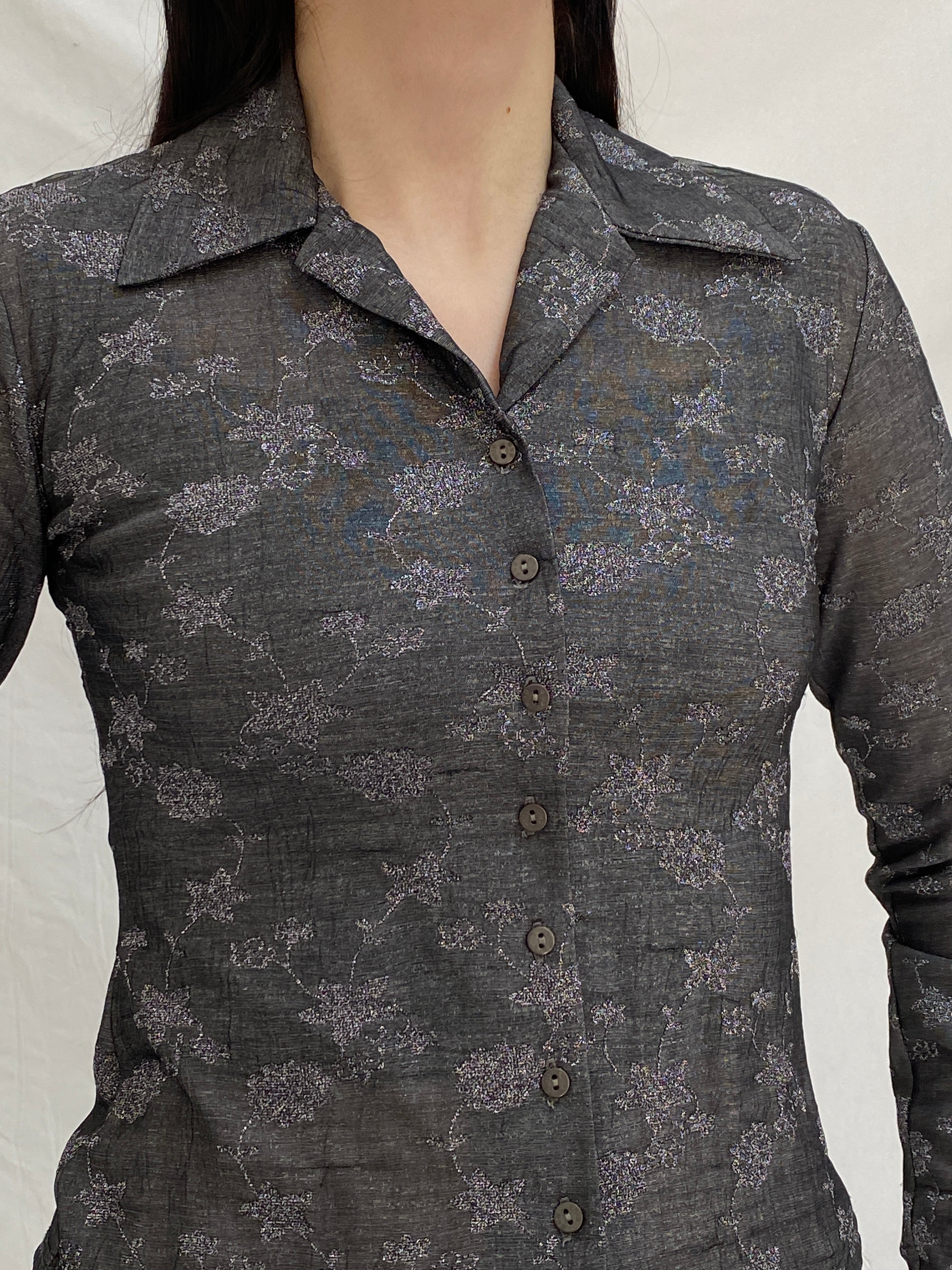 Vintage 90s BSB Club Gray Silver Floral Embroidered Fitted Shirt - S