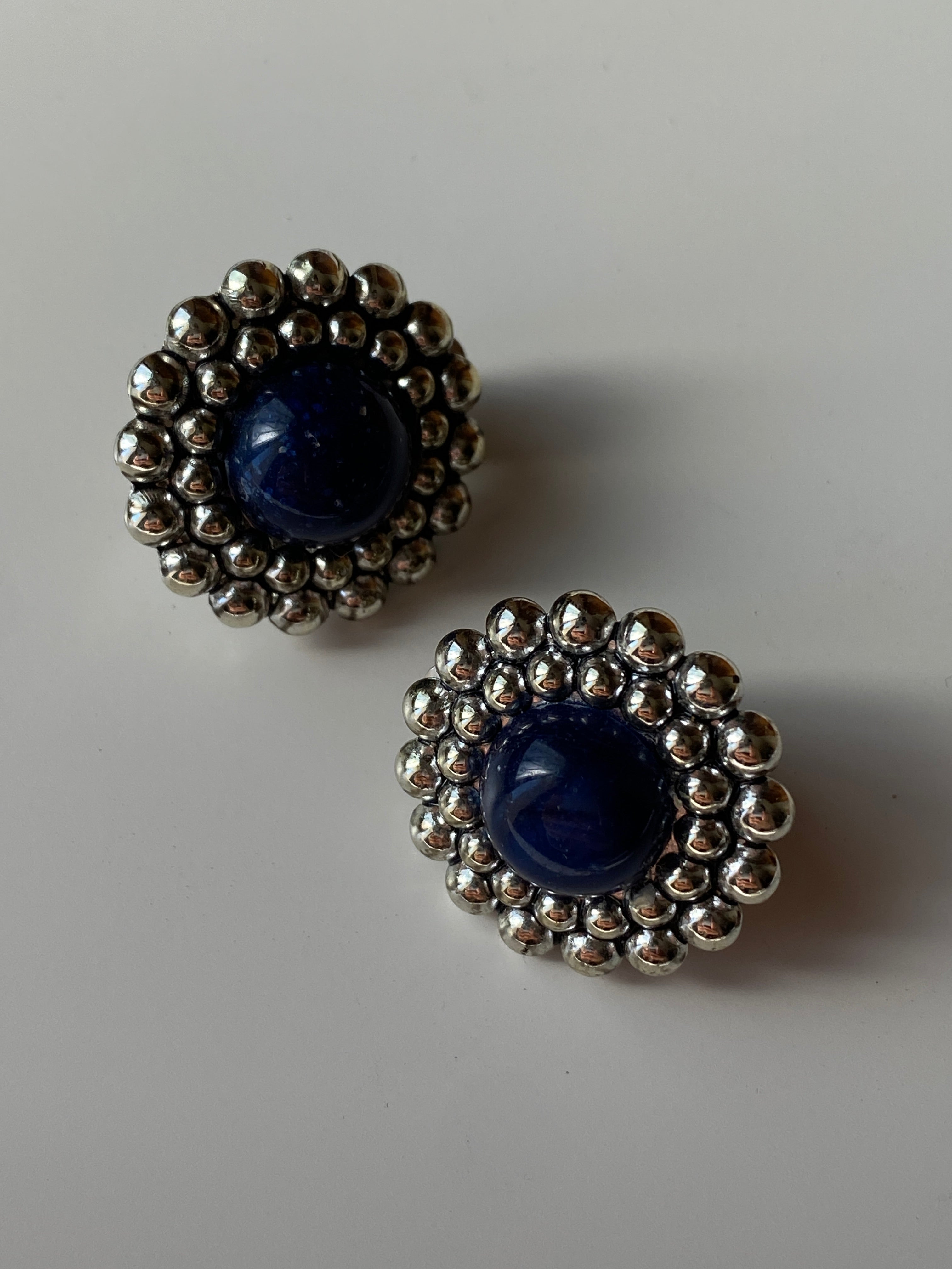 Vintage Blue Cabochon Clip-On Earrings Silver Tone Statement Jewelry