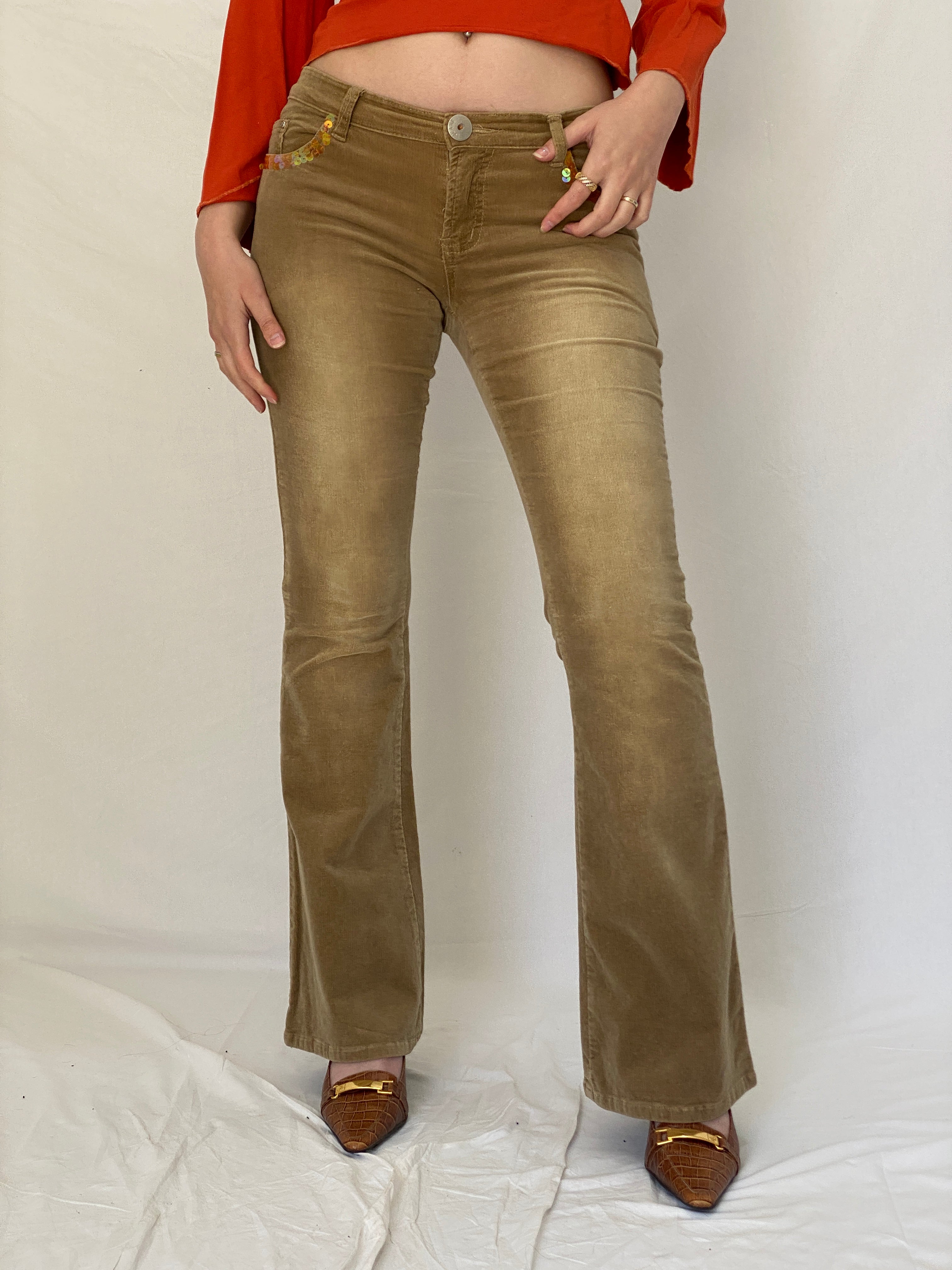 Y2K No Body Classic Fashion Brown Corduroy Jacket & Flared Pants Set with Sequin Trim - M