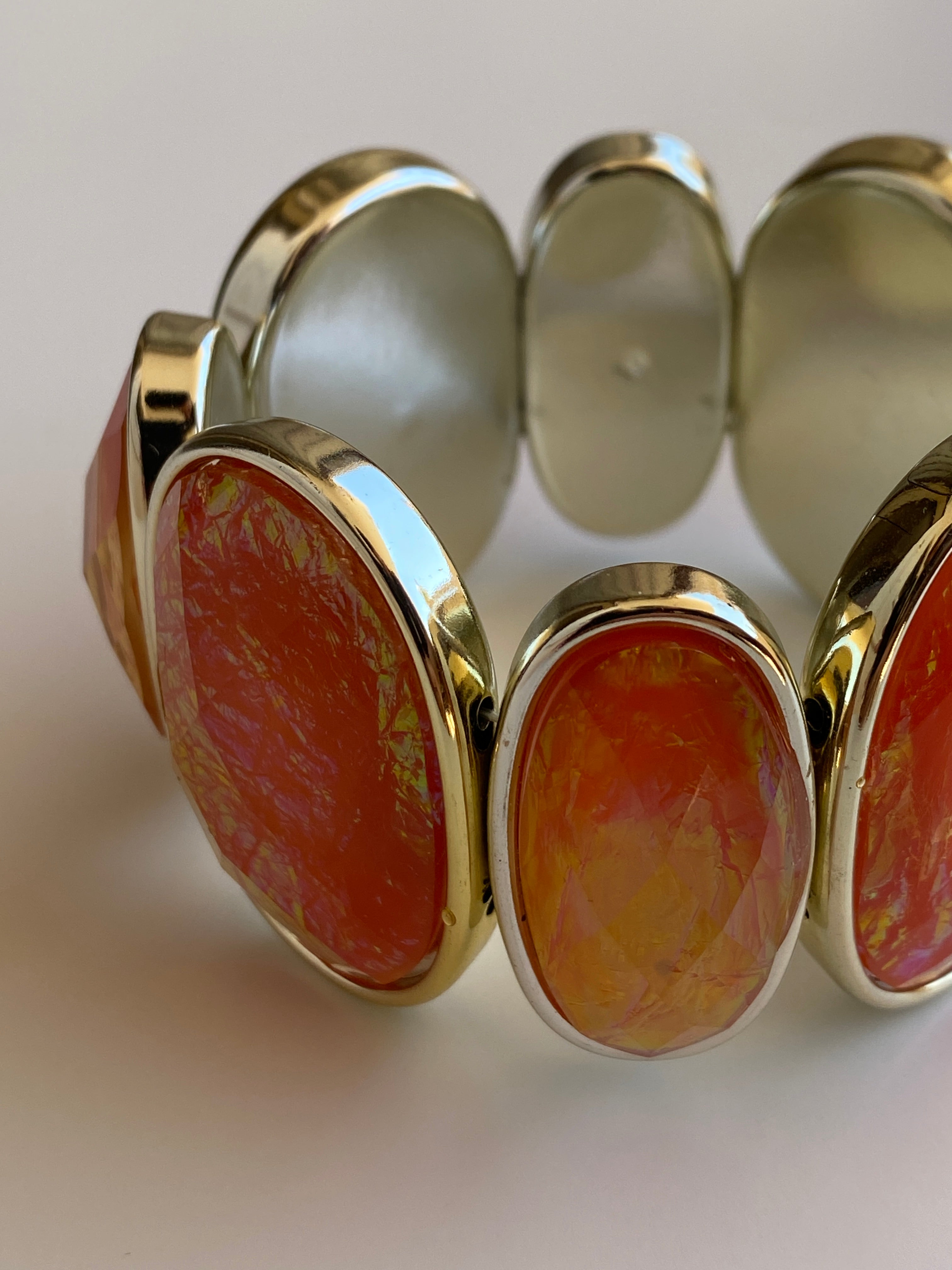 Vintage Orange Lucite Cabochon Silver-Tone Elastic Statement Bracelet