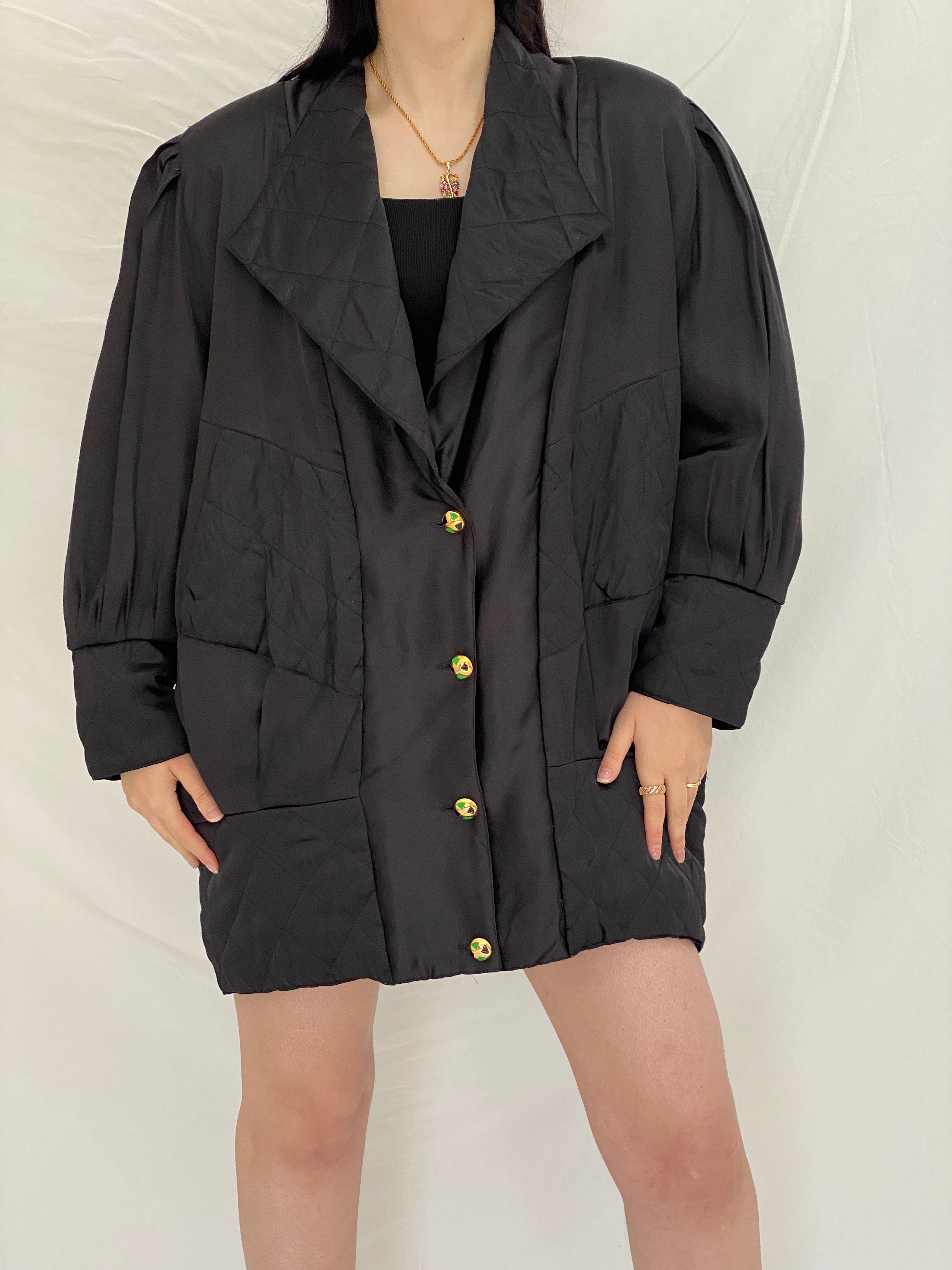 Vintage Black Quilted Puffer Oversized Fit Jacket with Gold Buttons - L