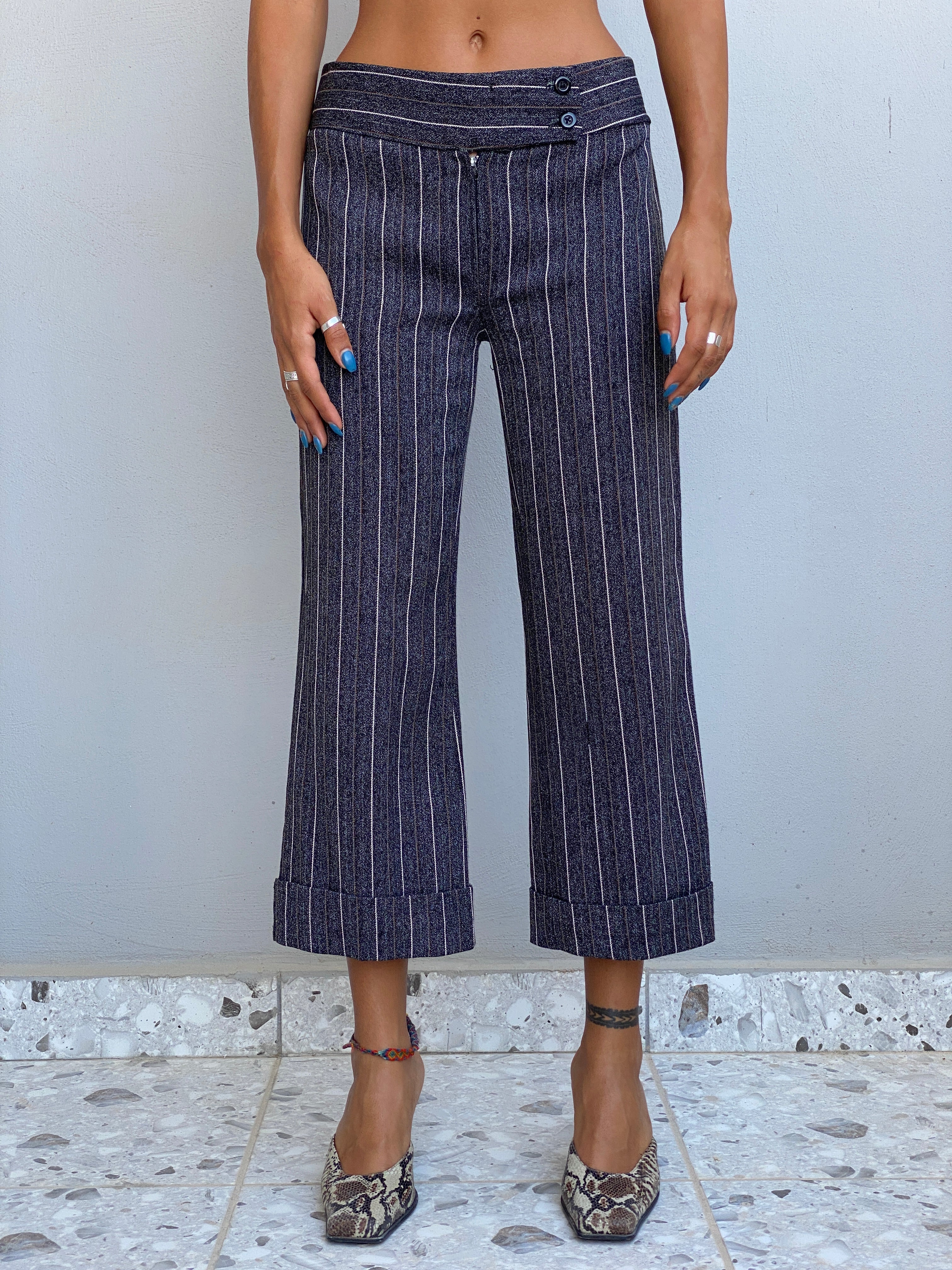 Vintage Y2K Grey Pinstripe Cropped Wide Leg Trousers Low Rise Office Siren Pants - S