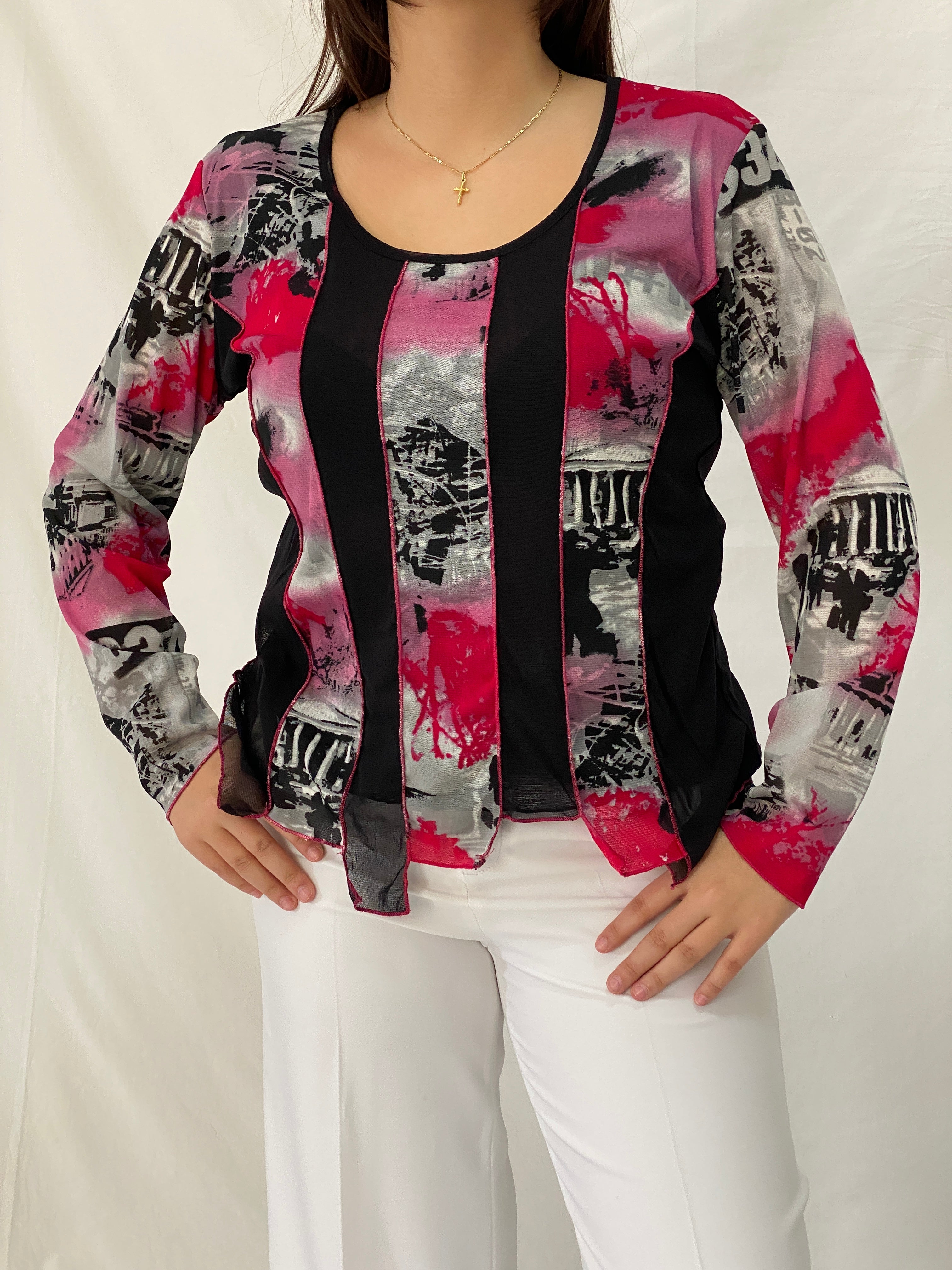 Vintage WARWICK JONES Black & Pink Striped Graphic Mesh Top - L