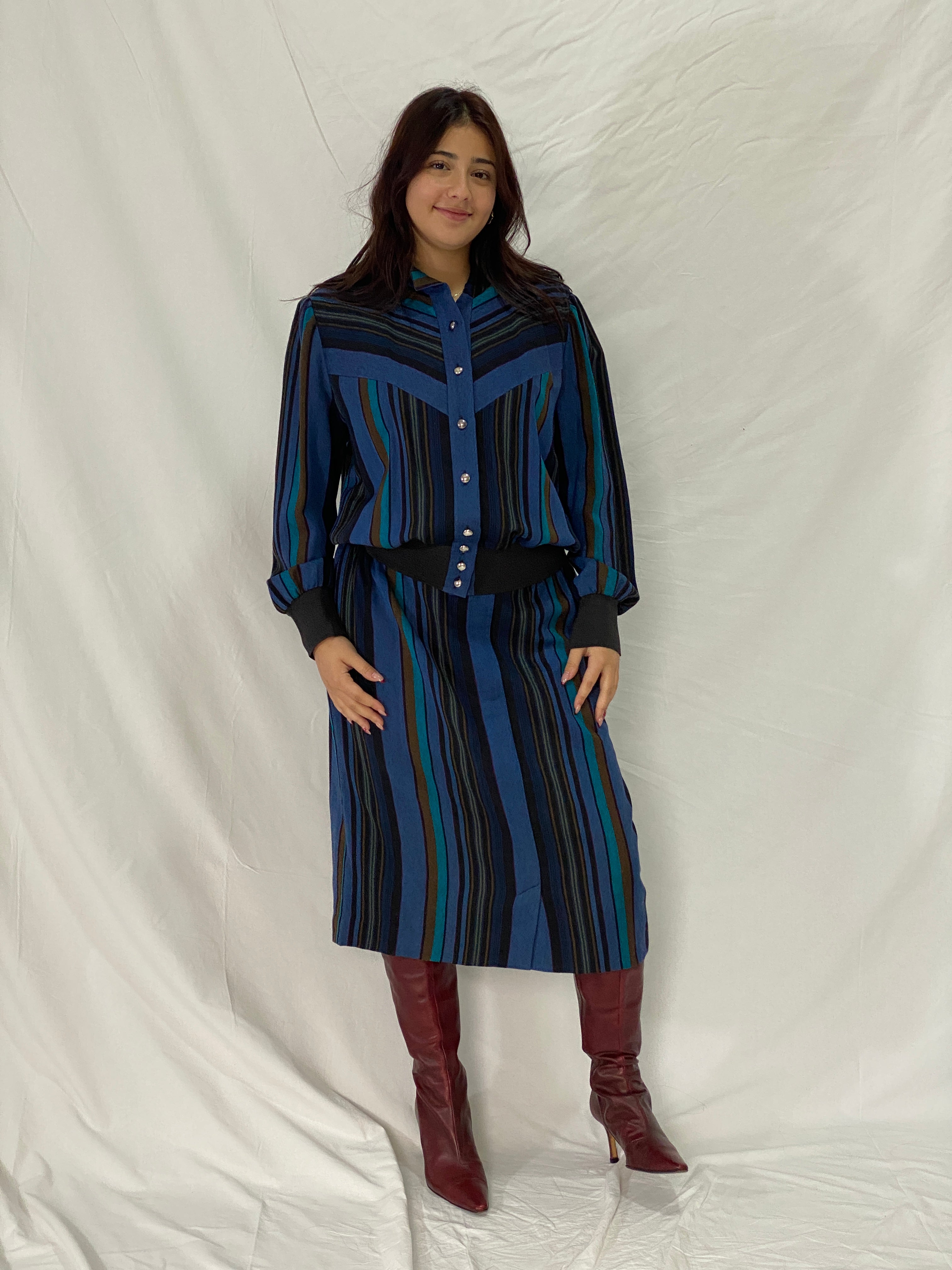 Vintage Pure Wool Sporting Dress Skirt & Jacket Set Blue Striped Two-Piece Set - L