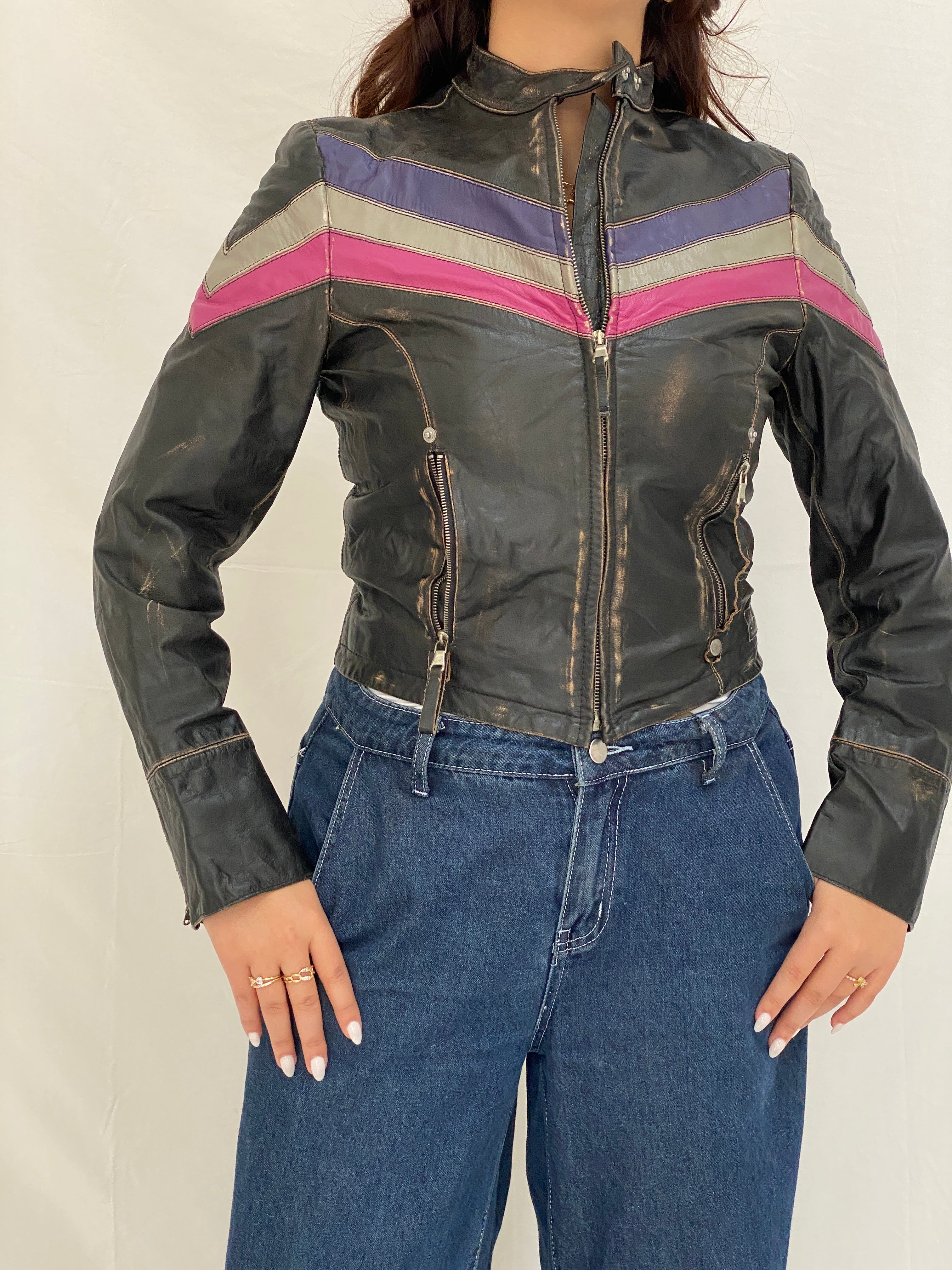 Vintage Miss Sixty Distressed Genuine Leather Moto Jacket Y2K Chevron Colorblock Biker - M