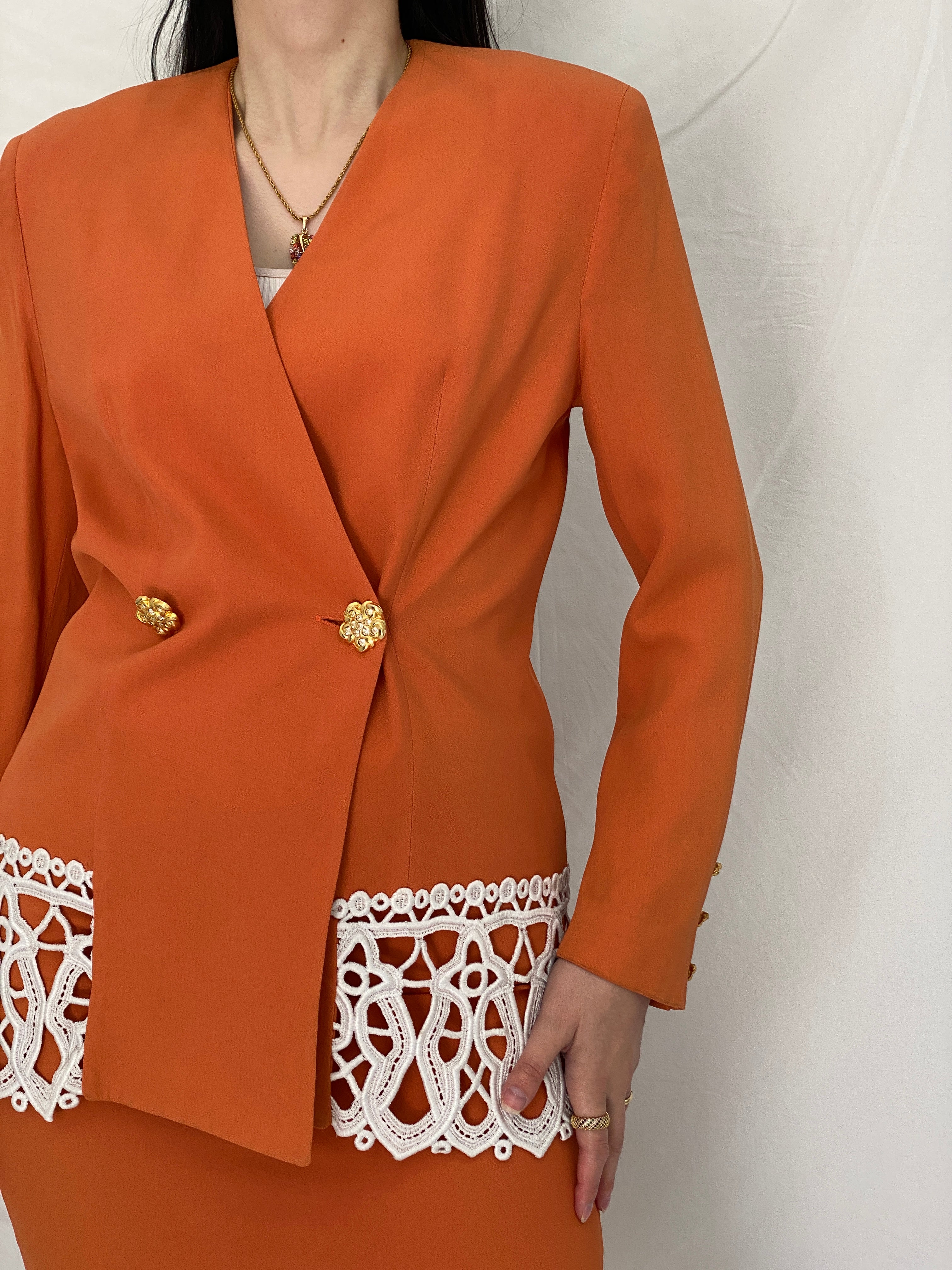 Statement Vintage Luigi Bruno Italian Orange Skirt Suit Set Tailored Blazer & Pencil Skirt - S