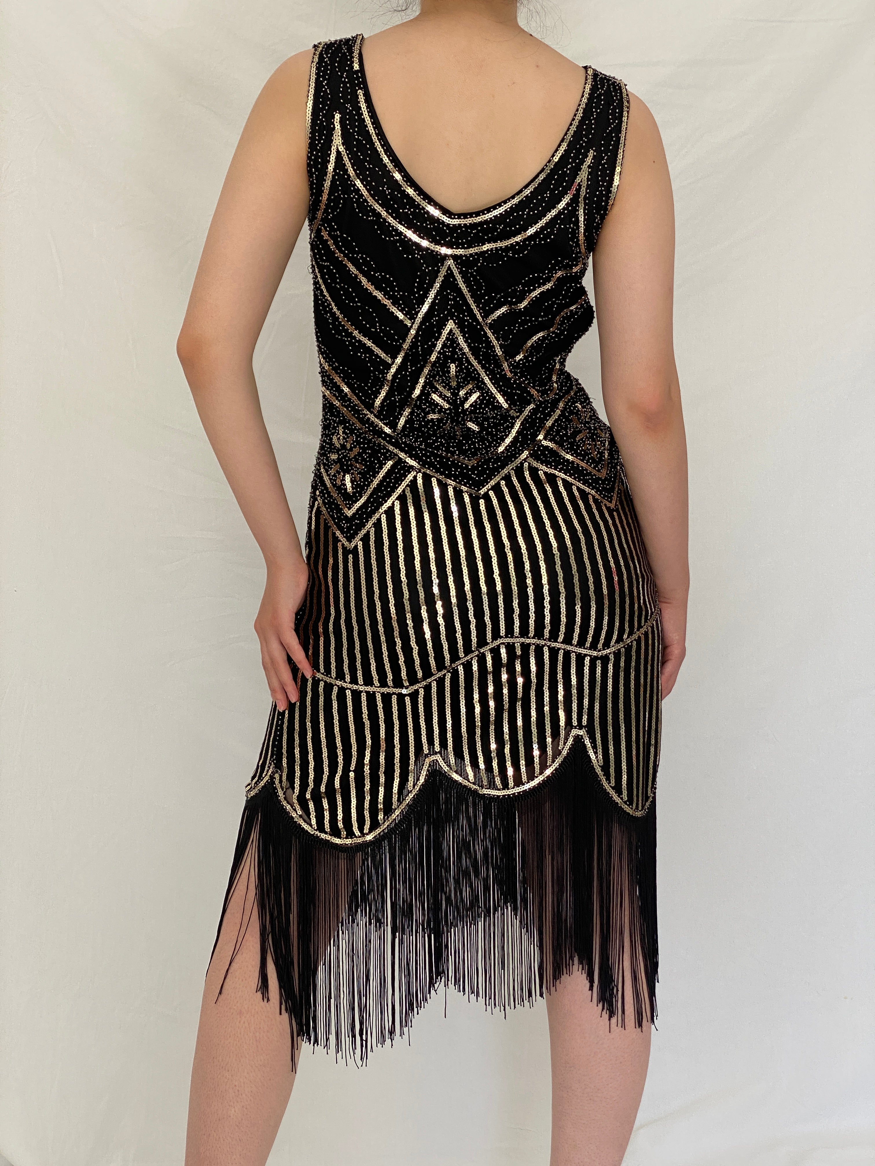 Vintage Art Deco Gatsby Black & Gold Sequin Fringe Cocktail Dress – S