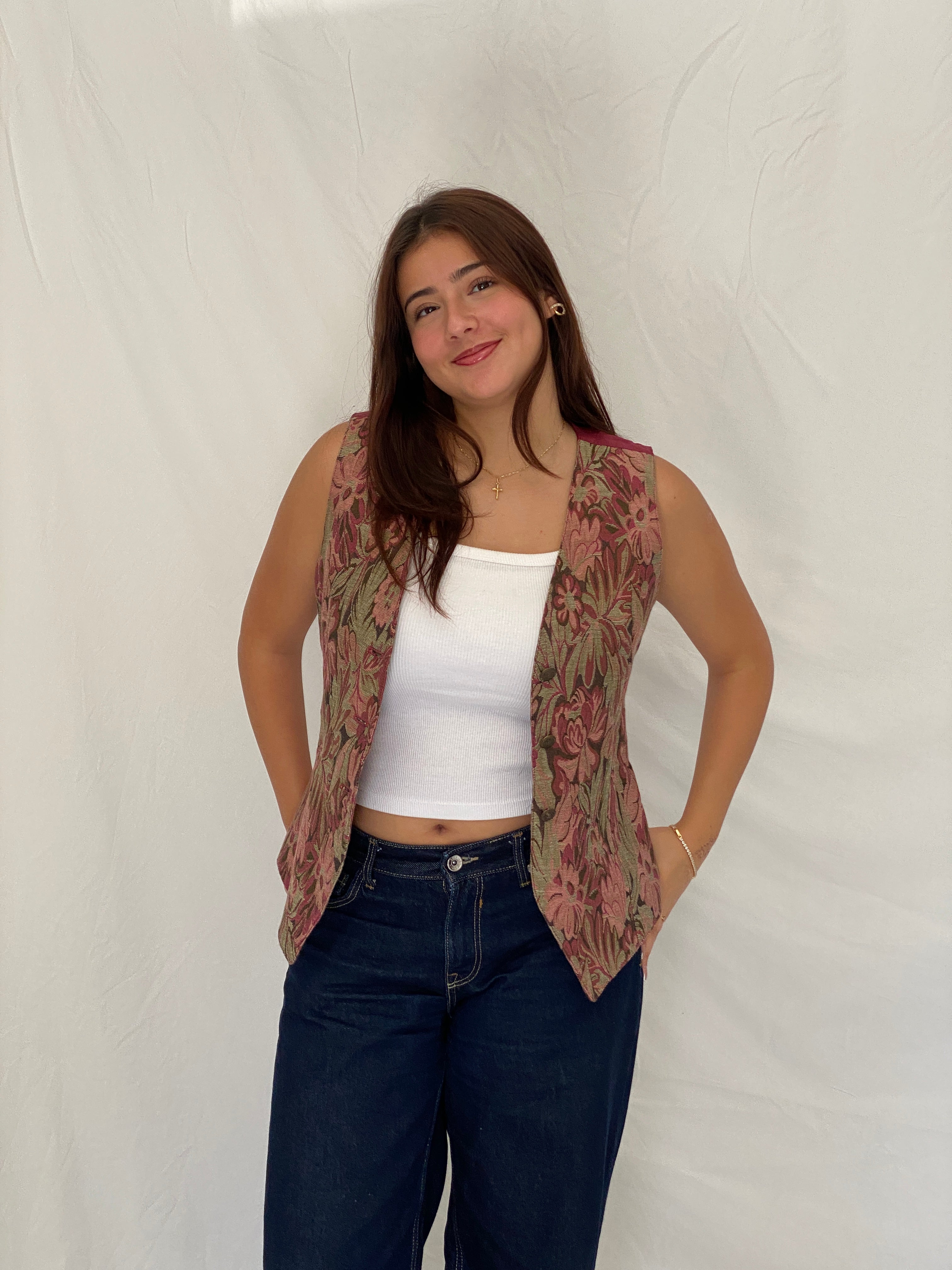 Vintage The Limited Floral Tapestry Vest Pink Button Front Waistcoat – S