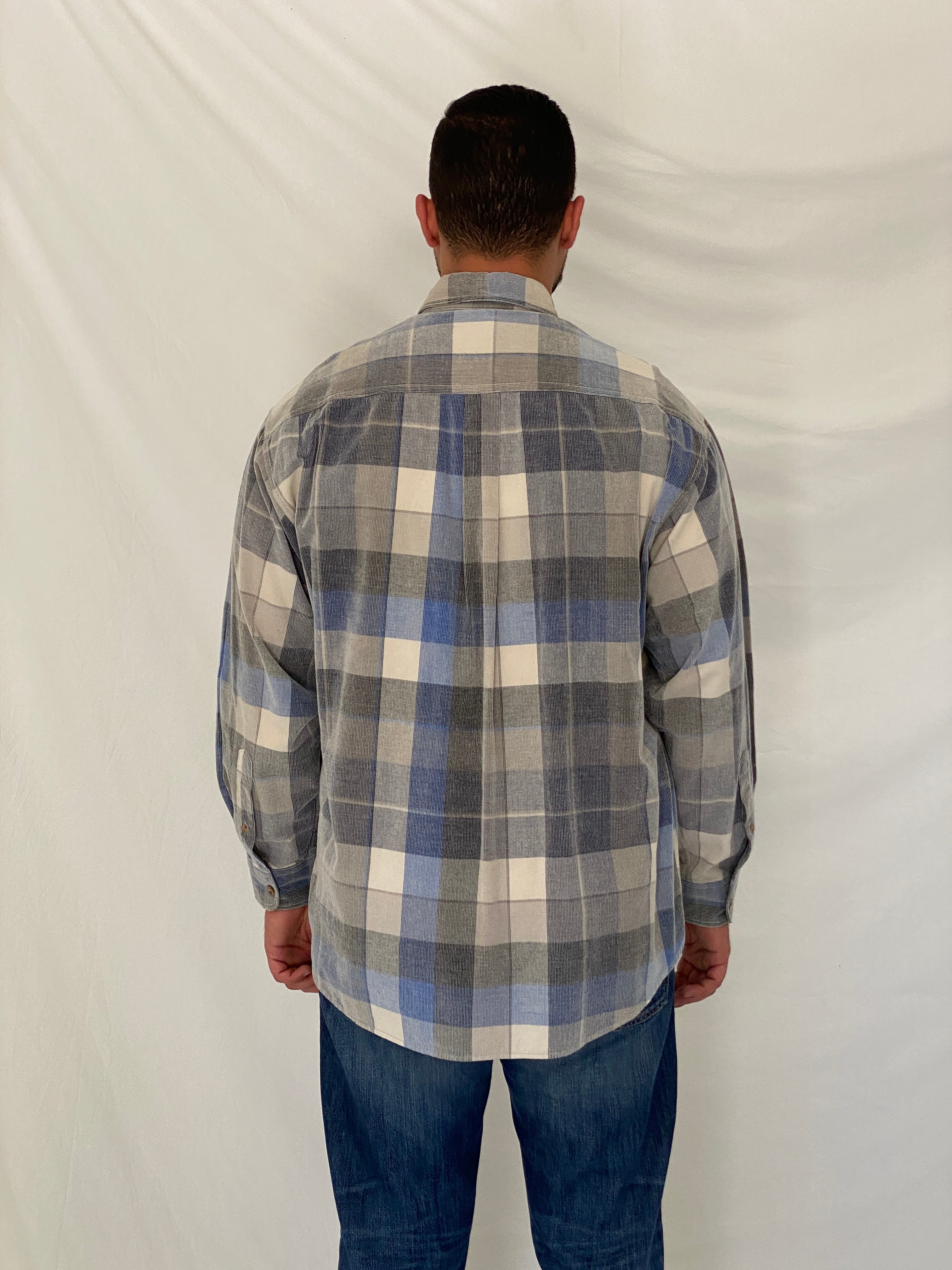 Vintage Basic Options Blue & Gray Plaid Corduroy Cotton Men’s Shirt - L