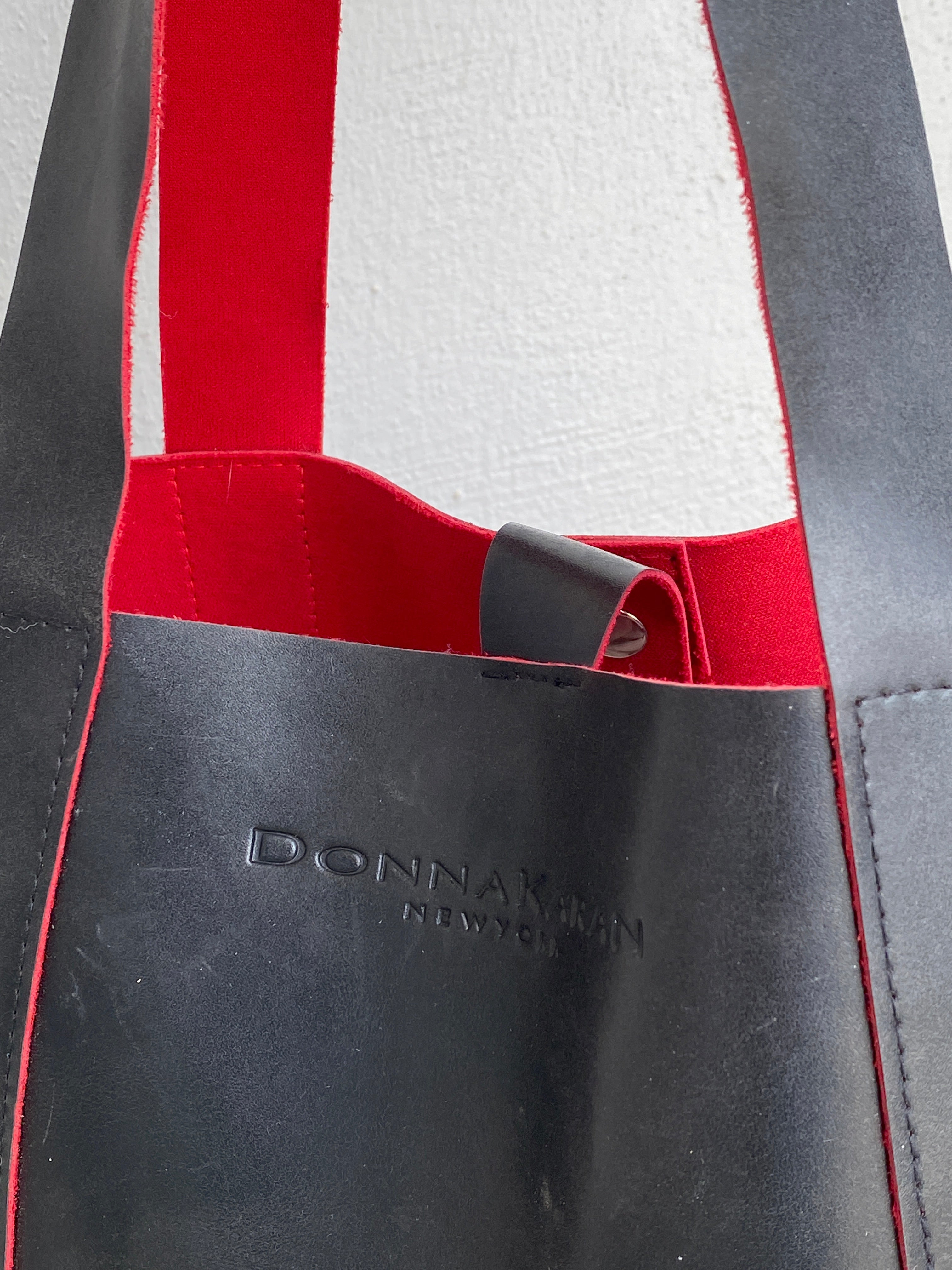 Vintage 2000s Donna Karan New York Black Leather Tote Bag Red Interior Minimalist Shopper